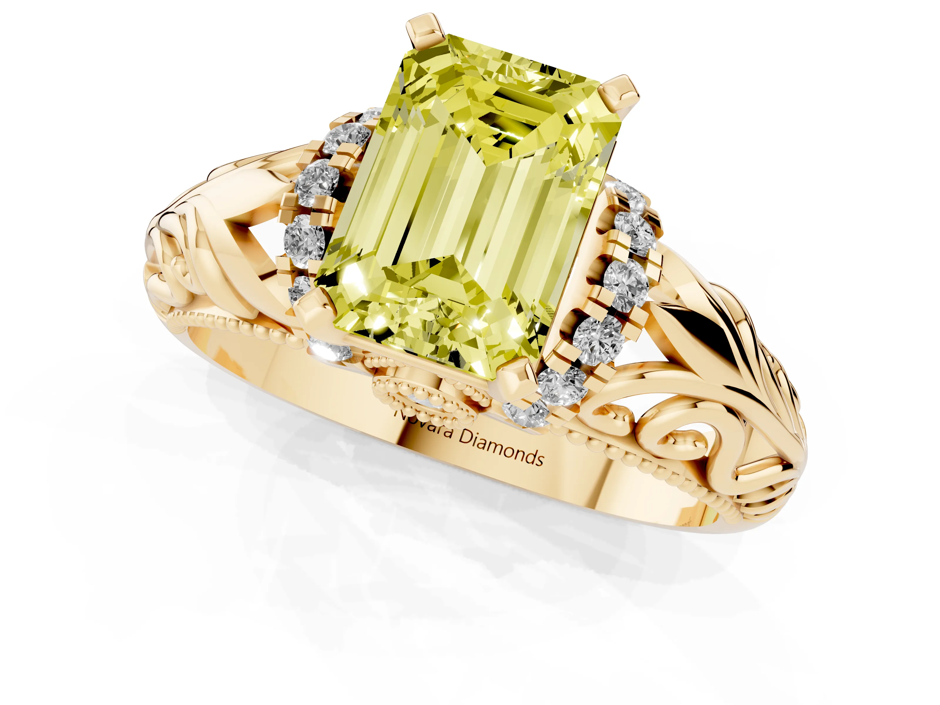 Fancy Yellow Emerald Cut Diamond Filigree Halo Engagement Ring Set in Yellow gold with Prong Setting