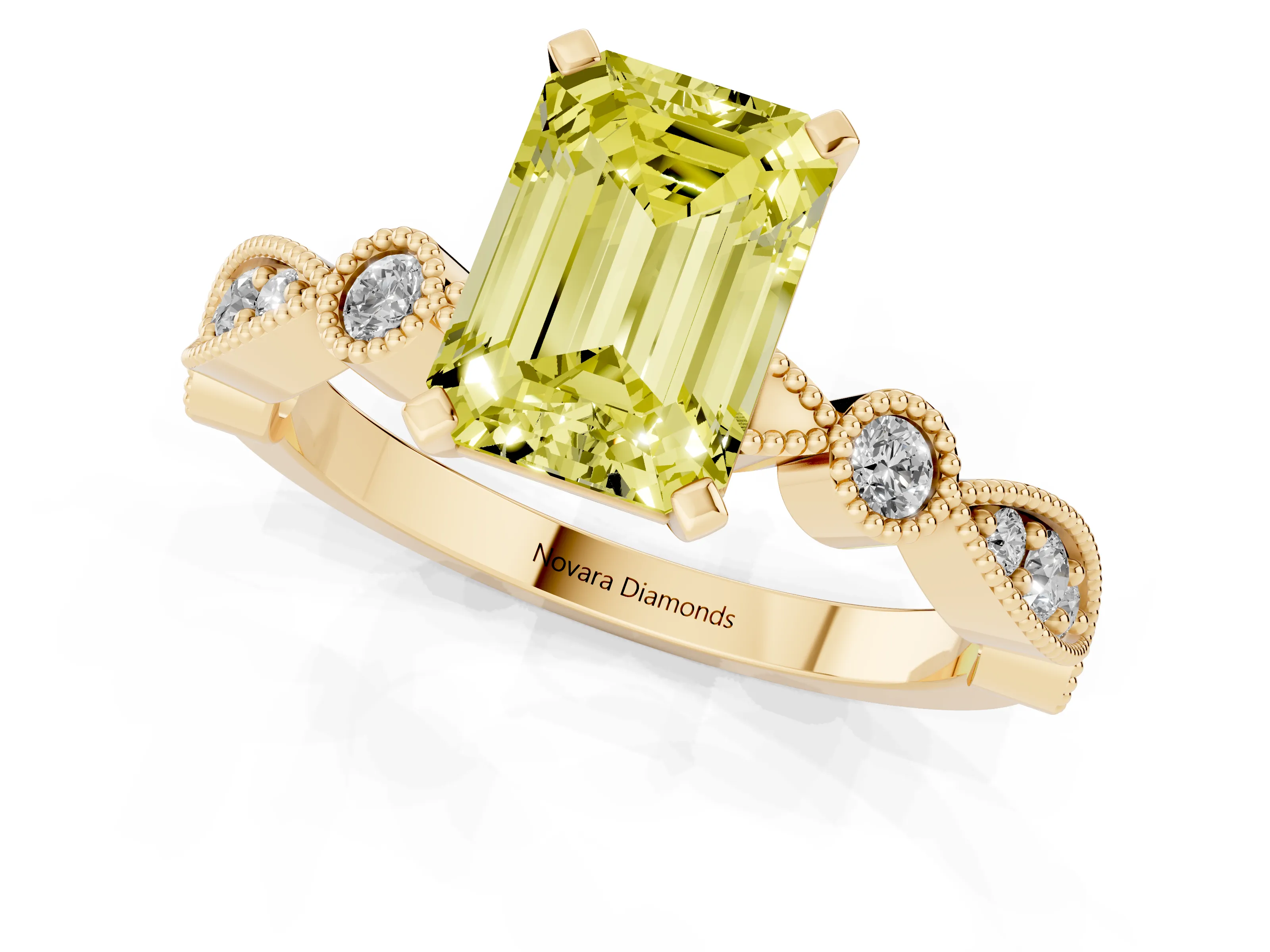Fancy Yellow Emerald Cut Diamond Solitaire Engagement Ring Set in Yellow gold with Milgrain Bezel Accent Band