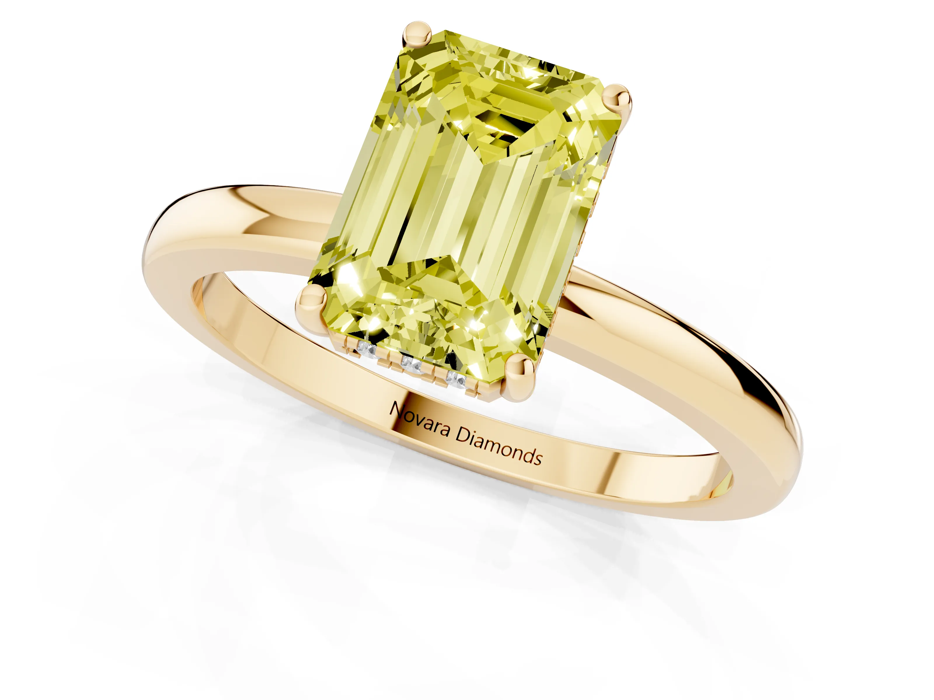 Fancy Yellow Emerald Cut Diamond Solitaire Ring Set in Yellow gold with Plain Band and Prong Setting