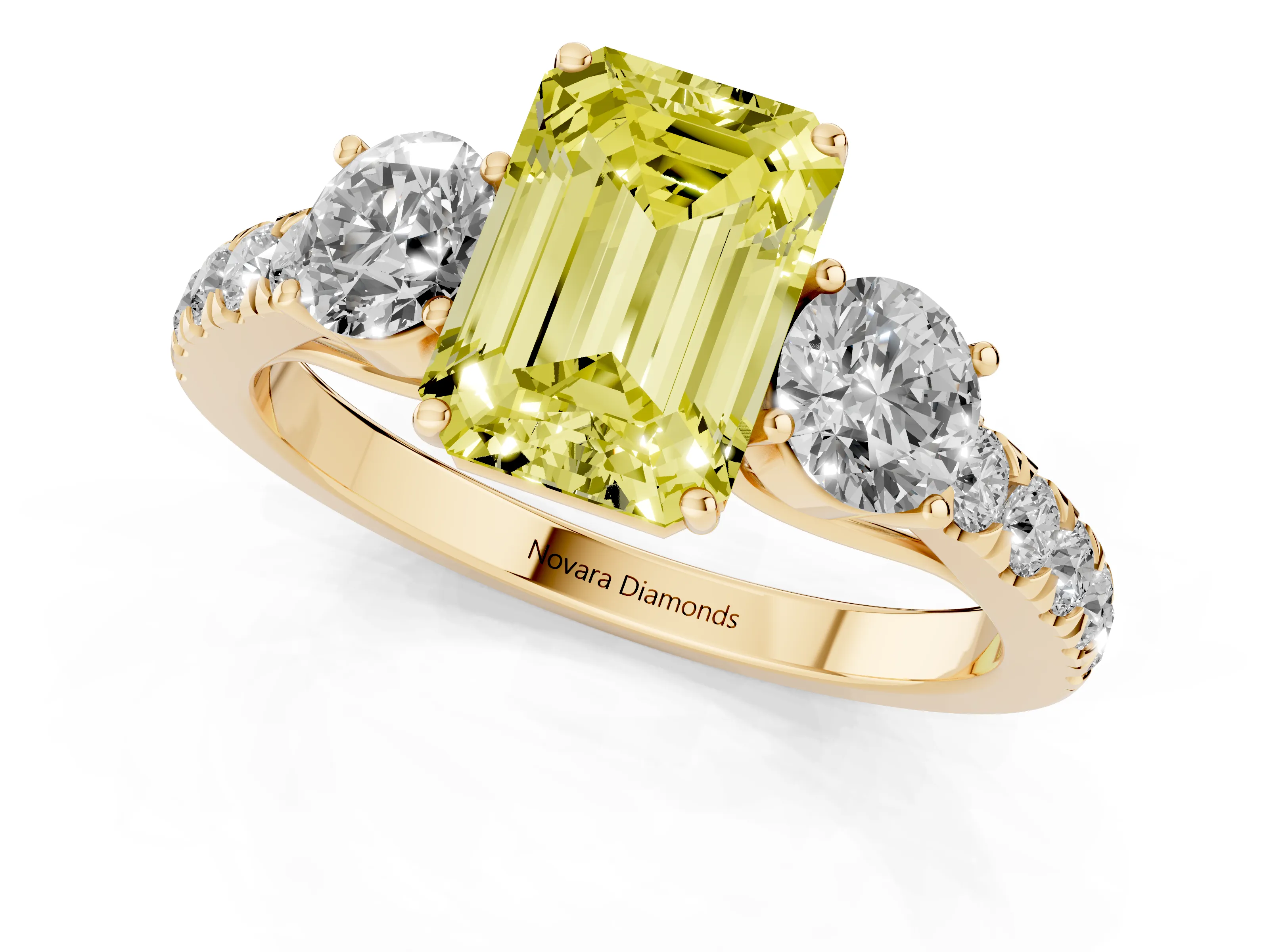 Fancy Yellow Emerald Cut Diamond Three-Stone Ring Set in Yellow gold with Round Side Stones and Delicate Pavé Band