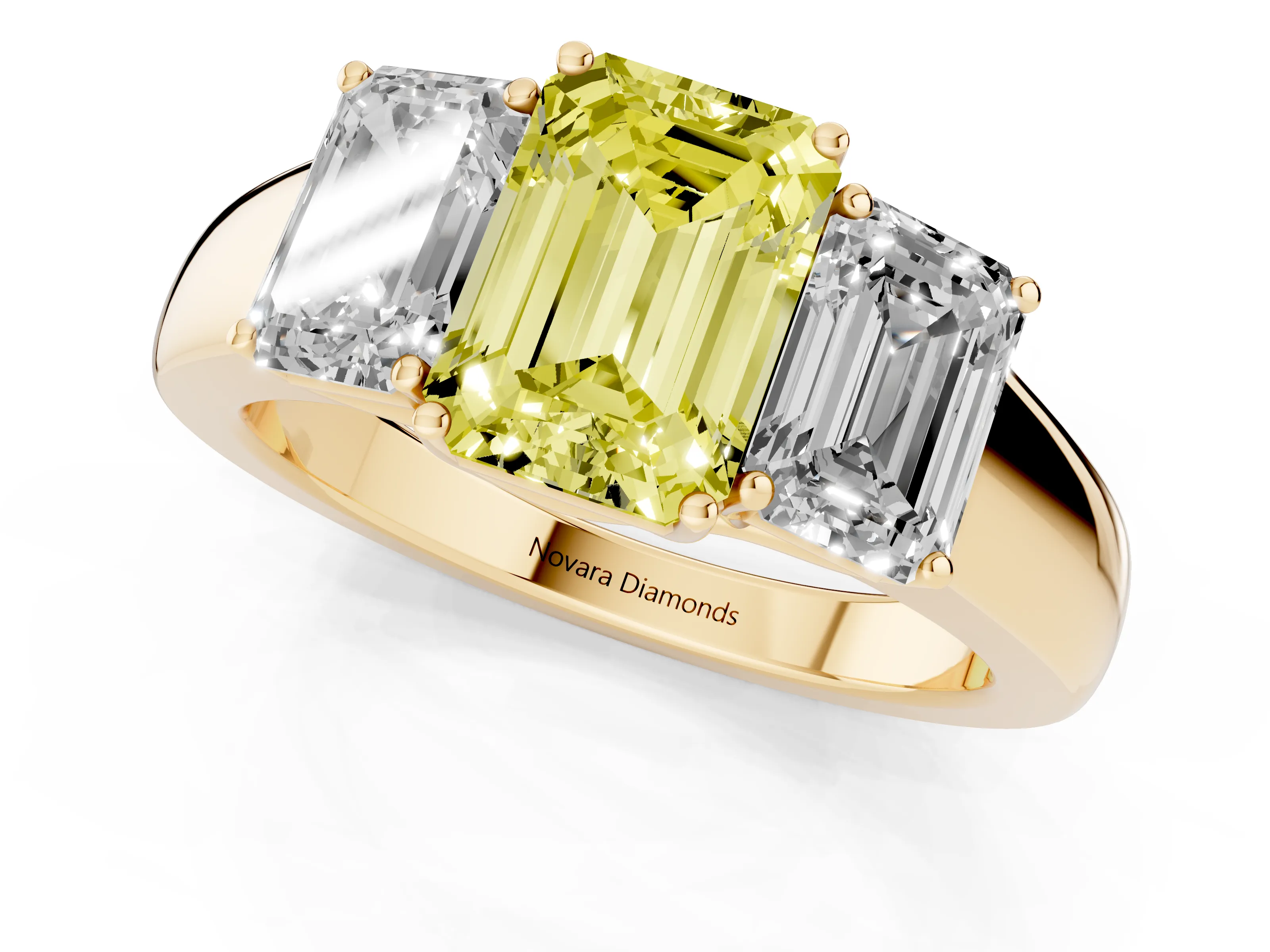 Fancy Yellow Three-Stone Emerald Cut Diamond Ring Set in Yellow gold with Matching Prong Settings and Plain Band