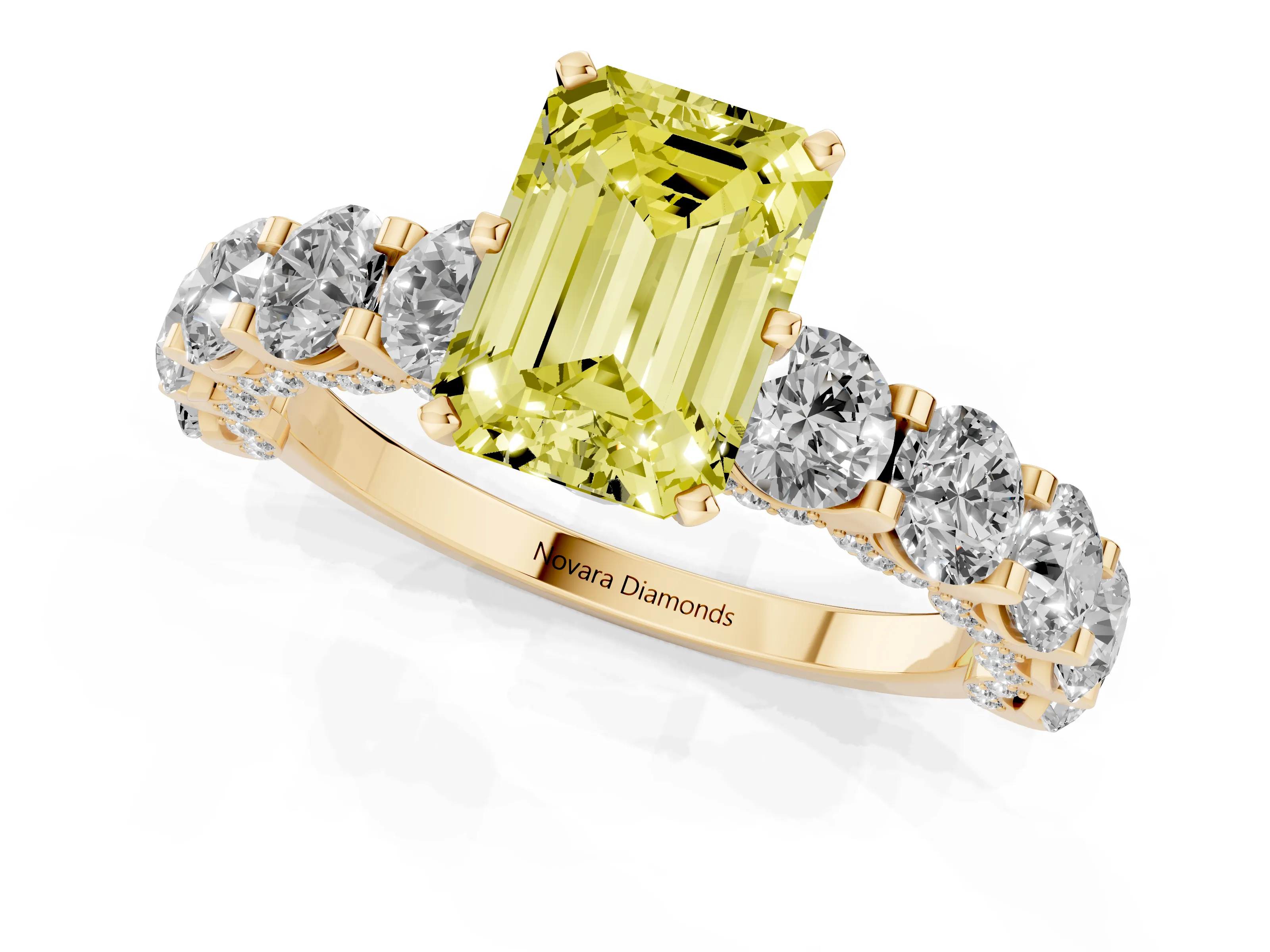 Fancy Yellow Emerald Cut Diamond Side Stone Ring Set in Yellow gold with Alternating Round and Oval Side Stones