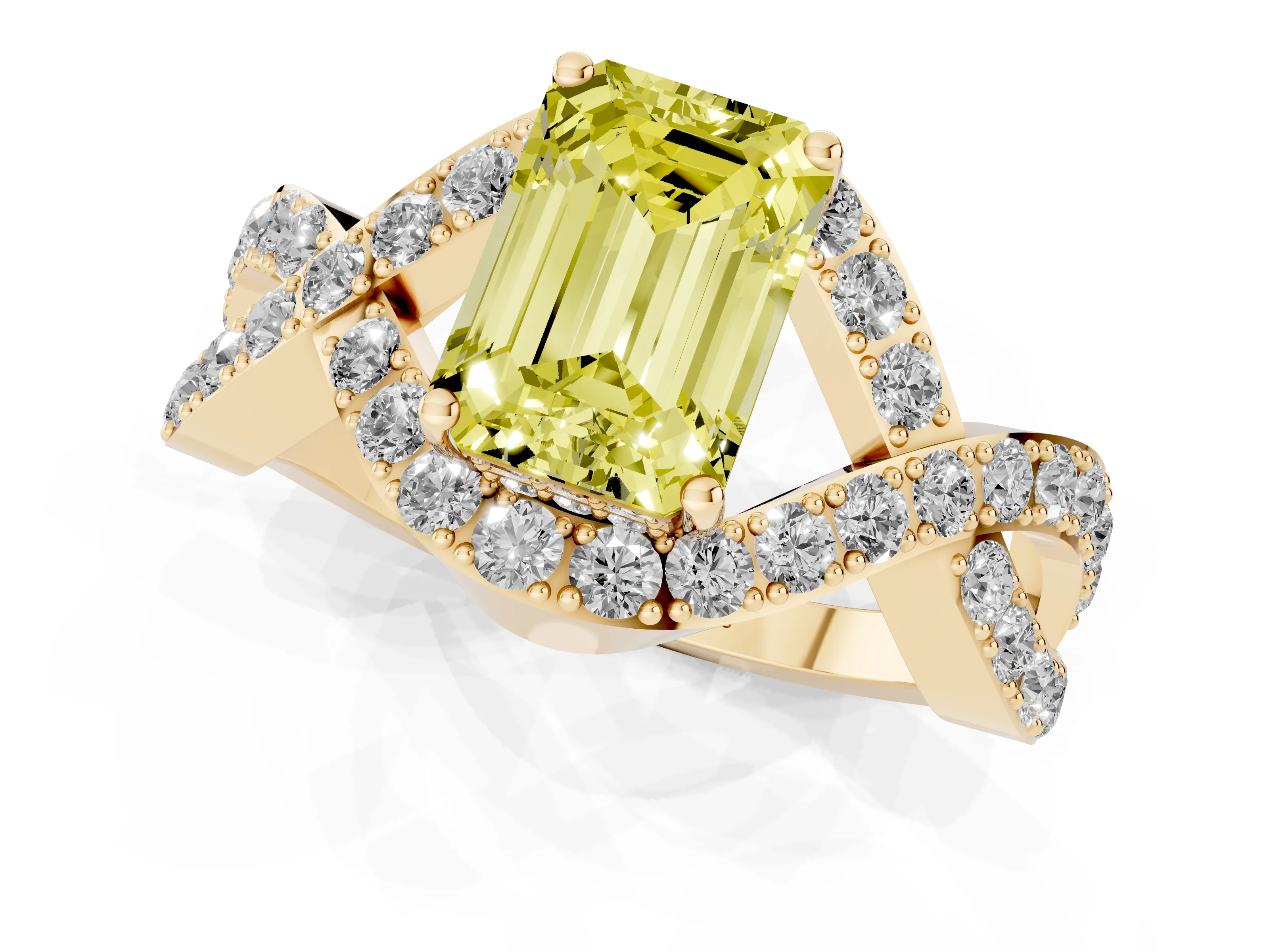Fancy Yellow Emerald Cut Diamond Solitaire Twist Band Pavé Engagement Ring Set in Yellow gold