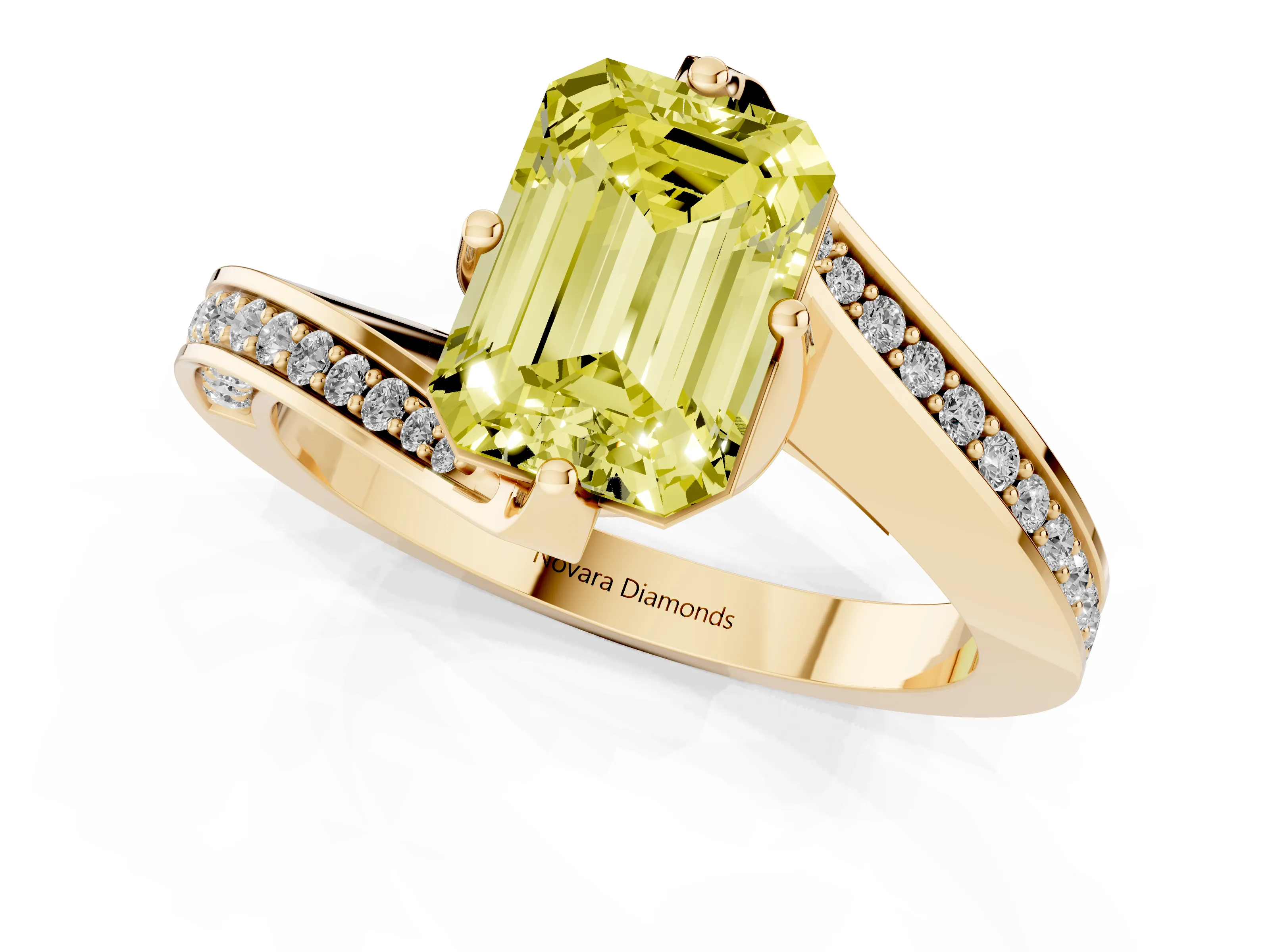 Fancy Yellow Emerald Cut Diamond Solitaire Ring Set in Yellow gold with Intertwined Pavé Twist Band