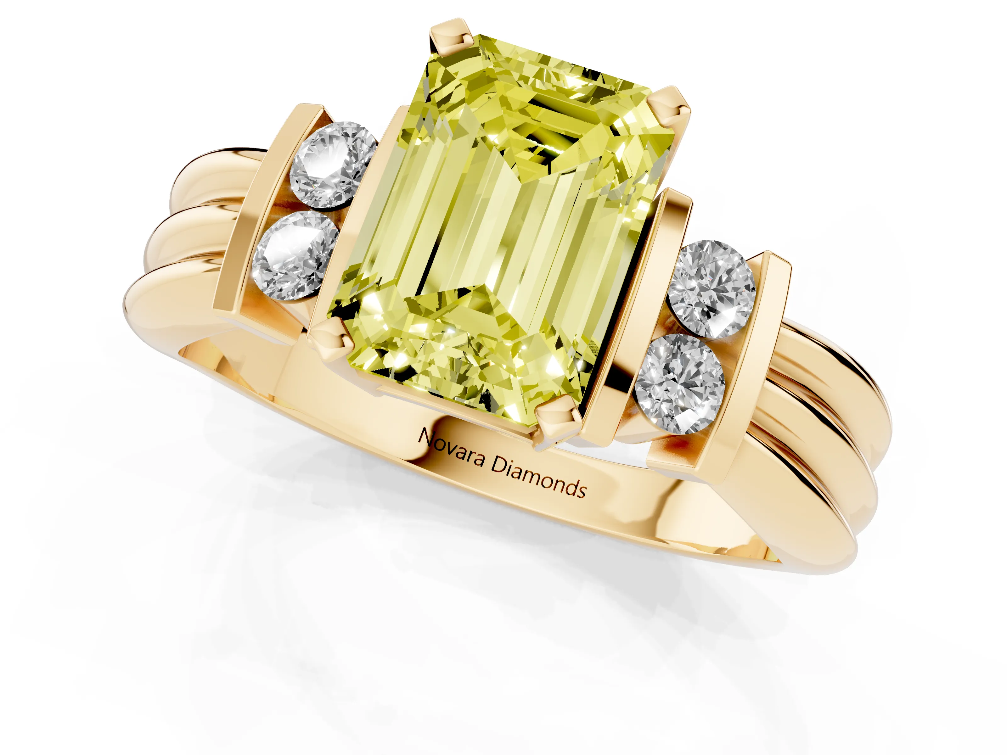Fancy Yellow Three-Stone Emerald Cut Diamond Channel Set Ring Set in Yellow gold with Bar Prongs