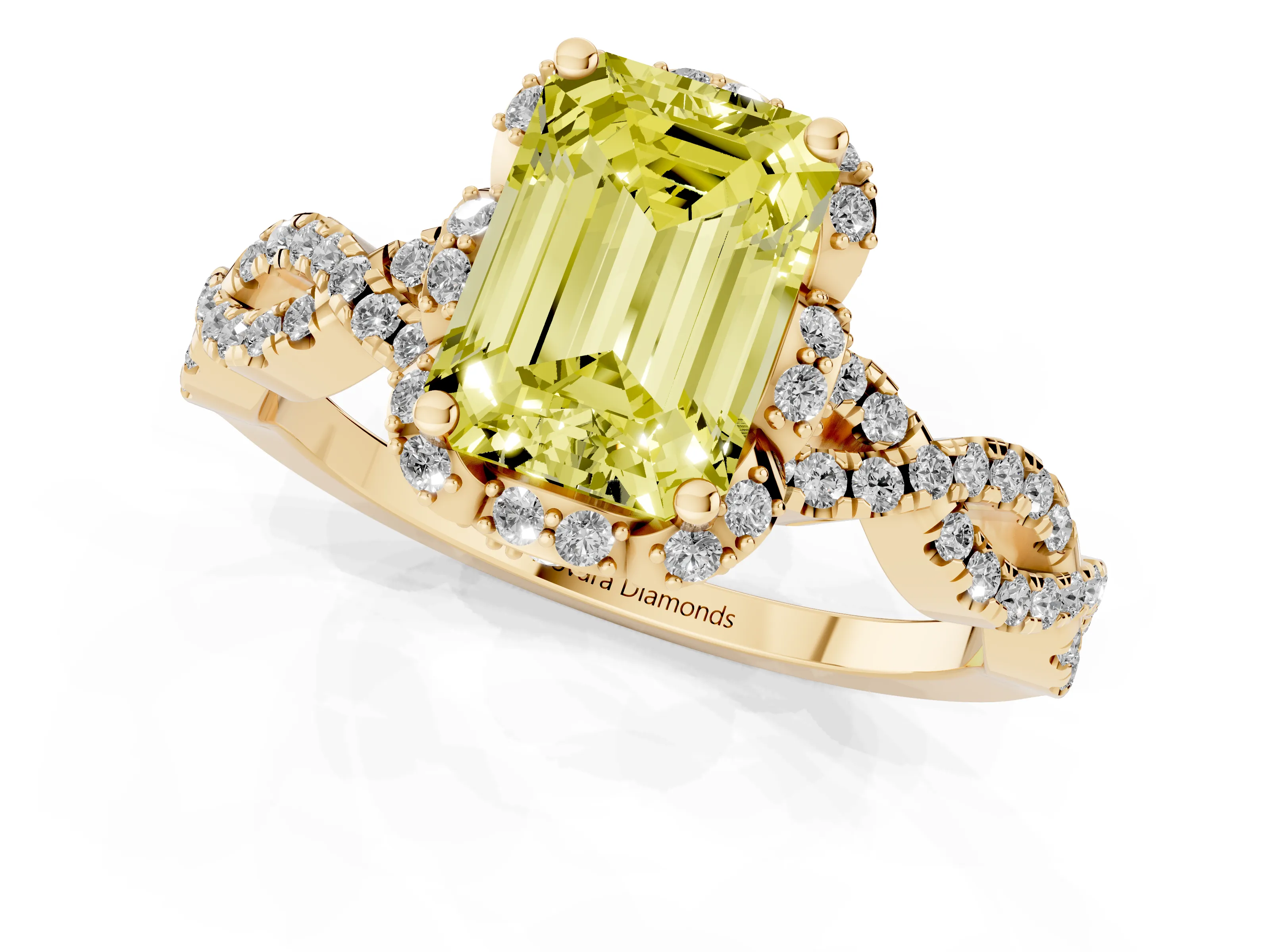 Fancy Yellow Emerald Cut Diamond Halo Twist Band Solitaire Ring Set in Yellow gold with Prong-Set Center Stone