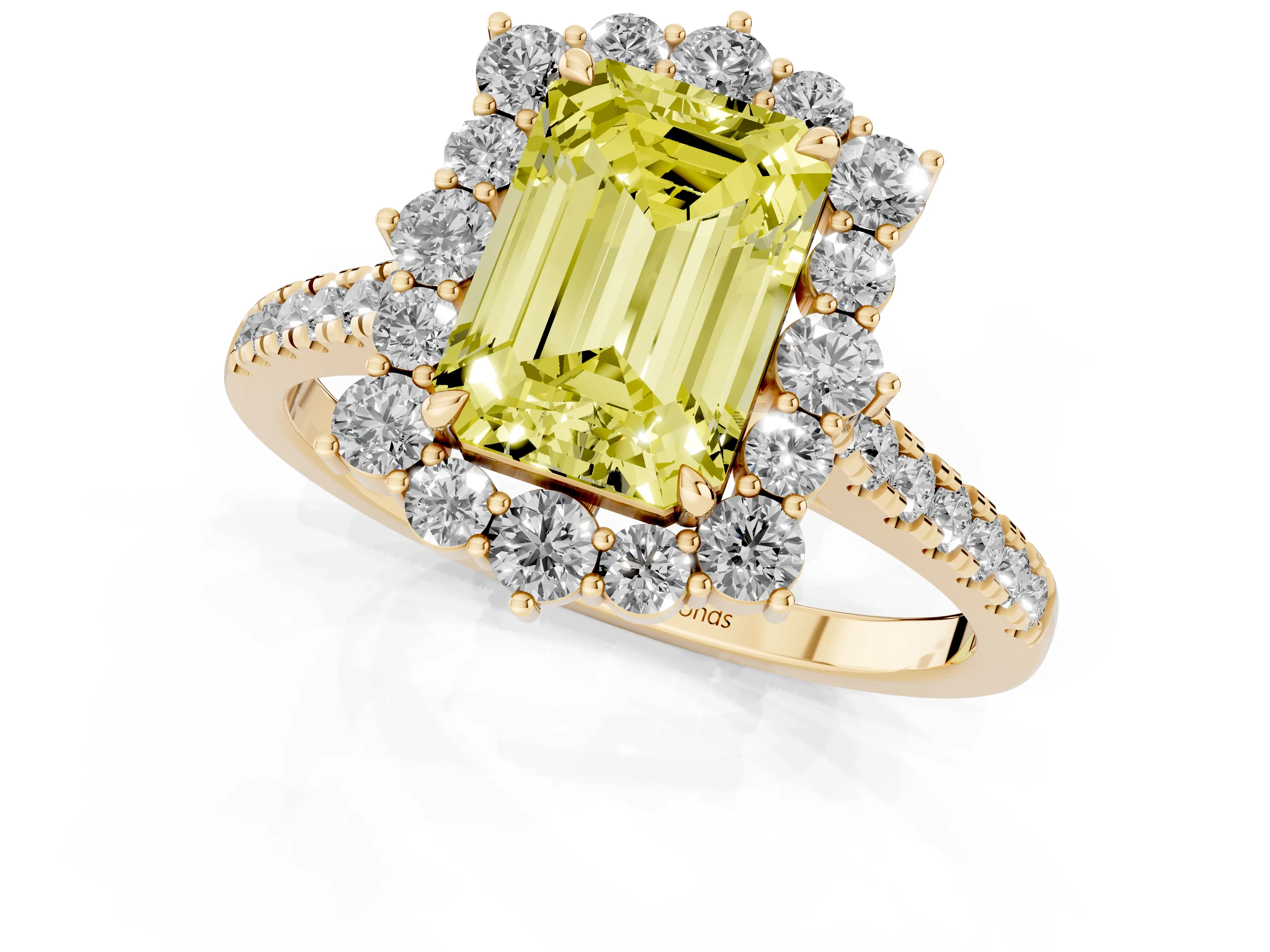 Fancy Yellow Emerald Cut Diamond Halo Ring Set in Yellow gold with Pavé Band and Prong Setting