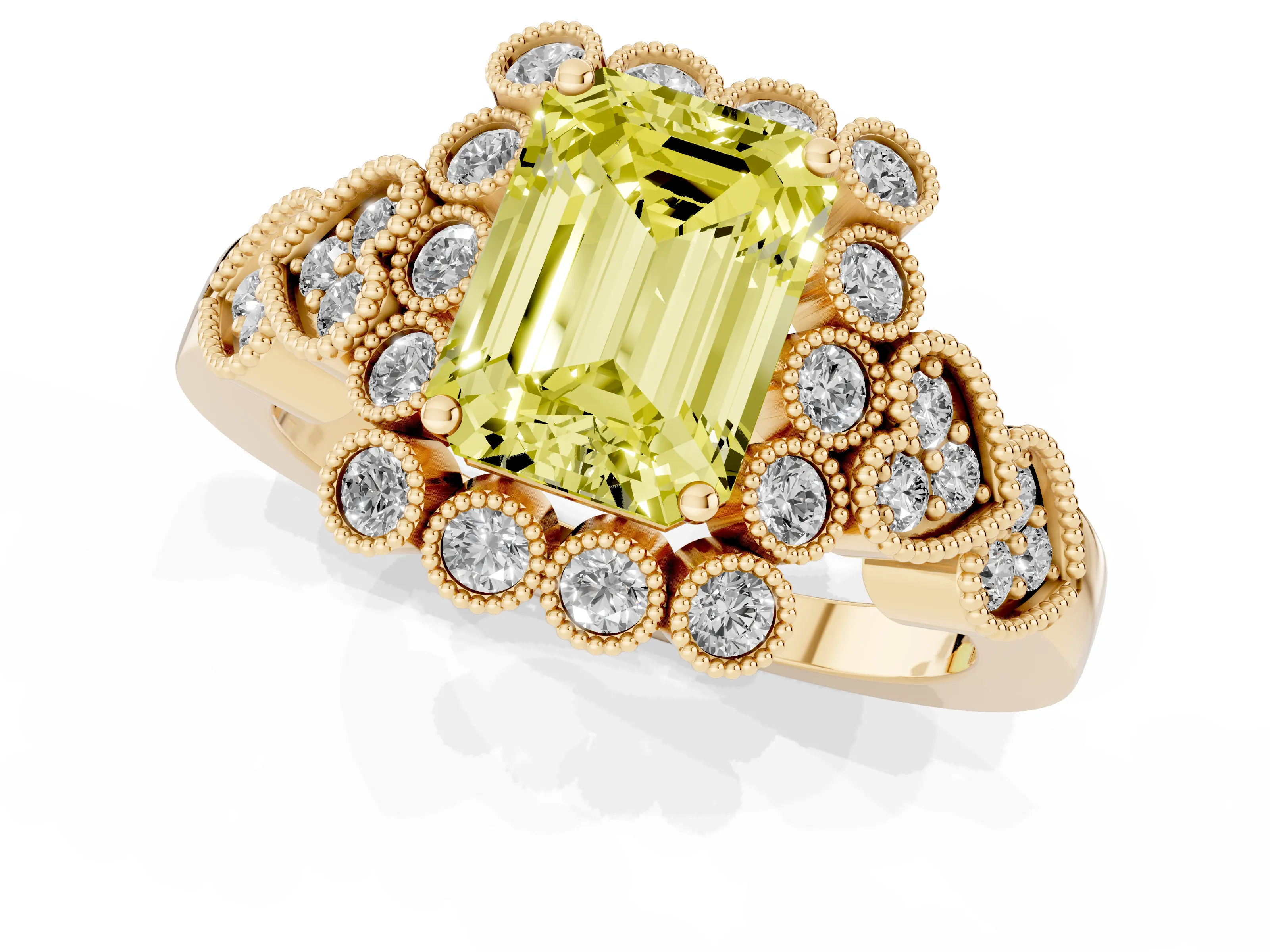 Fancy Yellow Emerald Cut Diamond Solitaire Ring Set in Yellow gold with Milgrain Pavé Heart Band