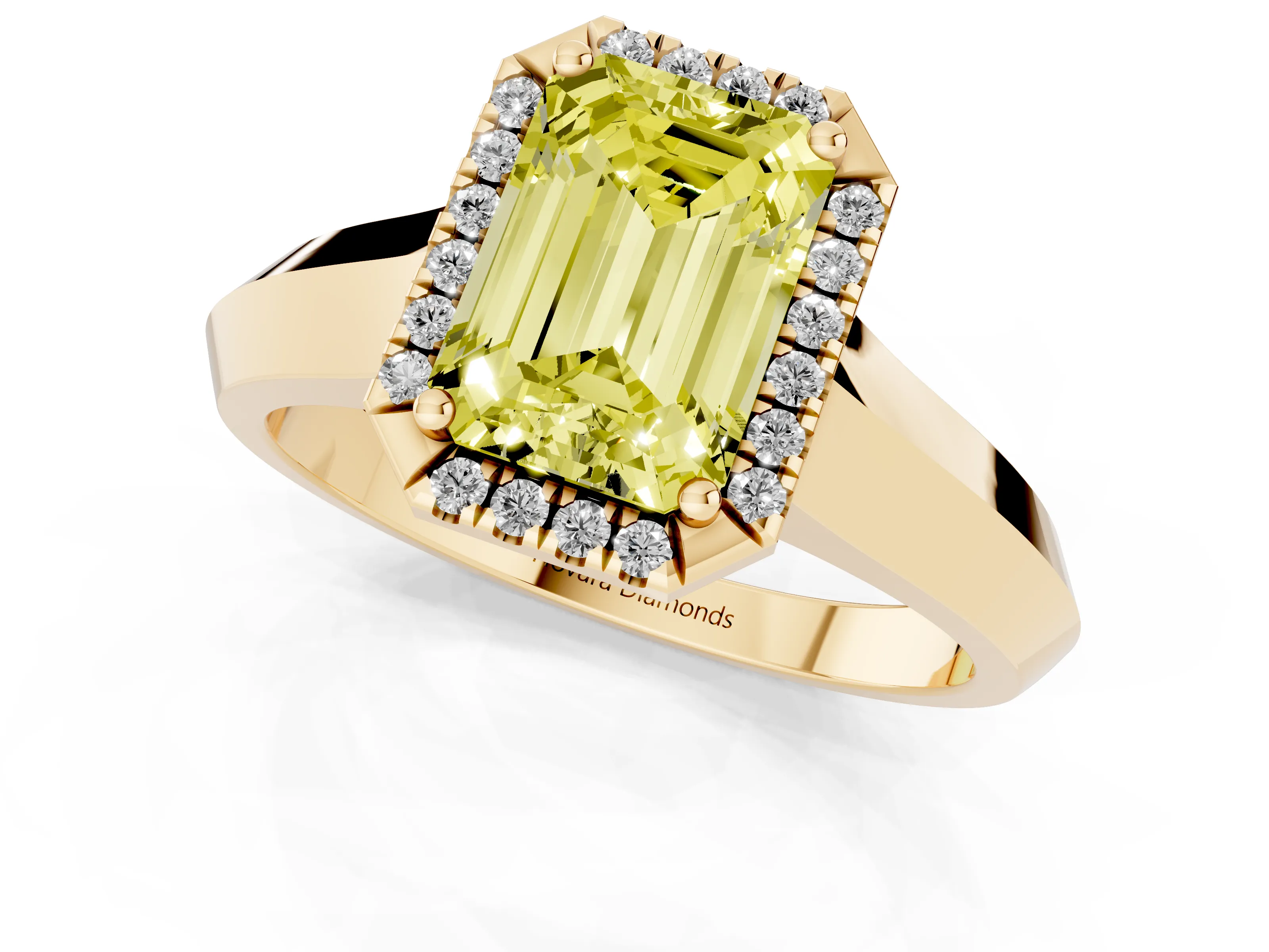 Fancy Yellow Emerald Cut Diamond Halo Ring Set in Yellow gold with Cathedral Band and Prong Setting