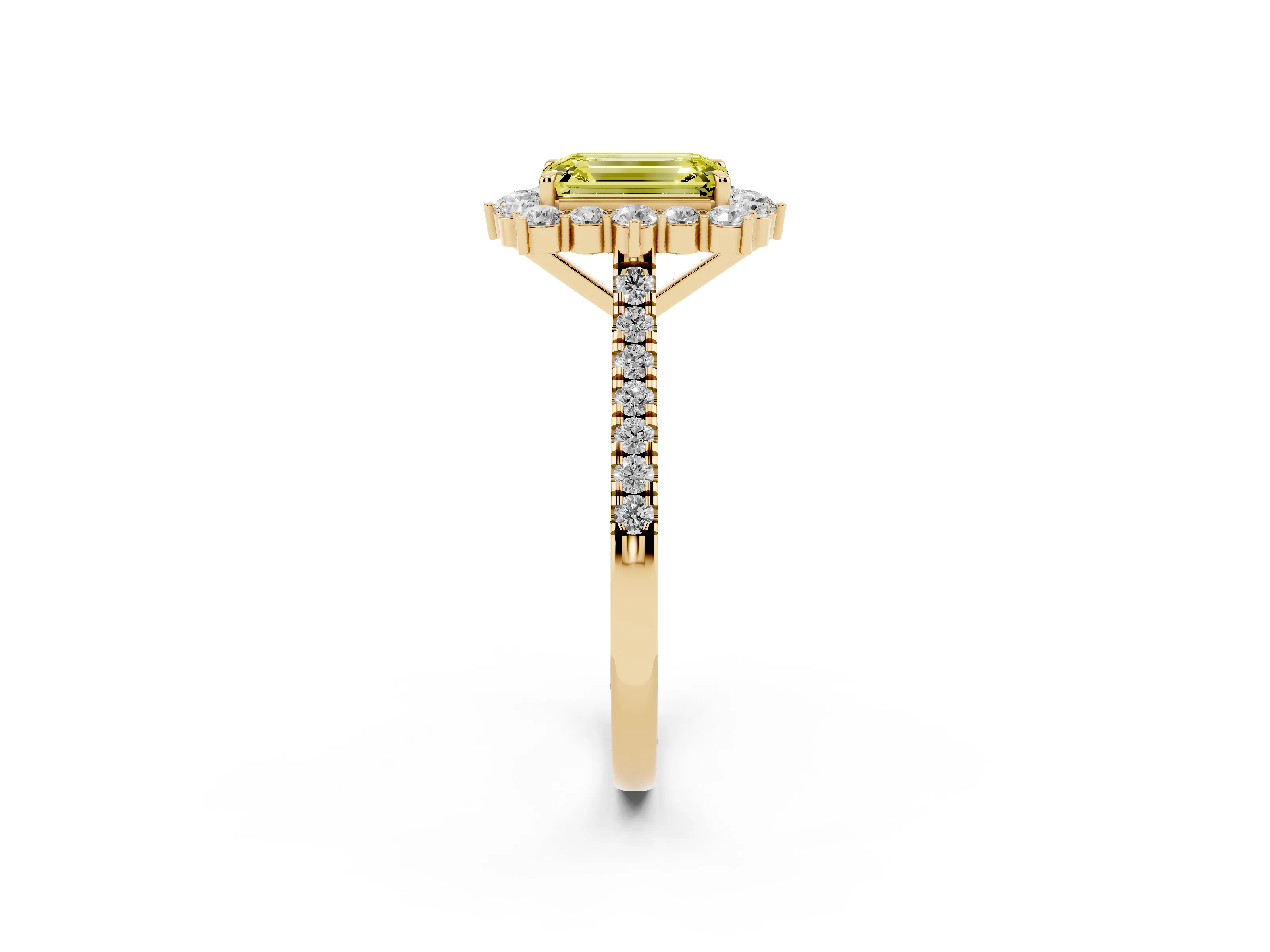 Fancy Yellow Emerald Cut Diamond Halo Ring Set in Yellow gold with Pavé Band and Prong Setting