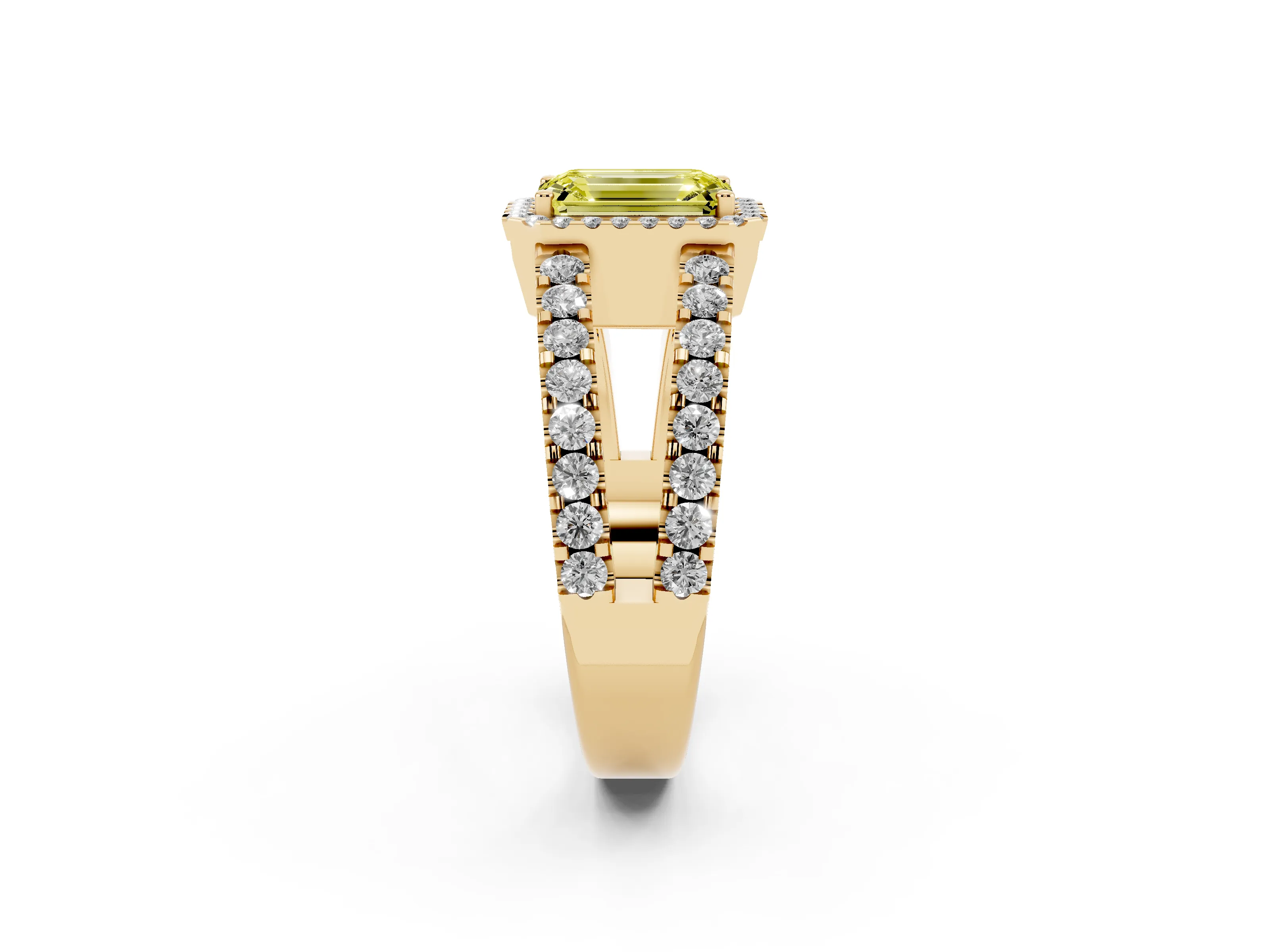 Fancy Yellow Emerald Cut Diamond Halo Ring Set in Yellow gold with Pavé Split Shank and Prong Setting