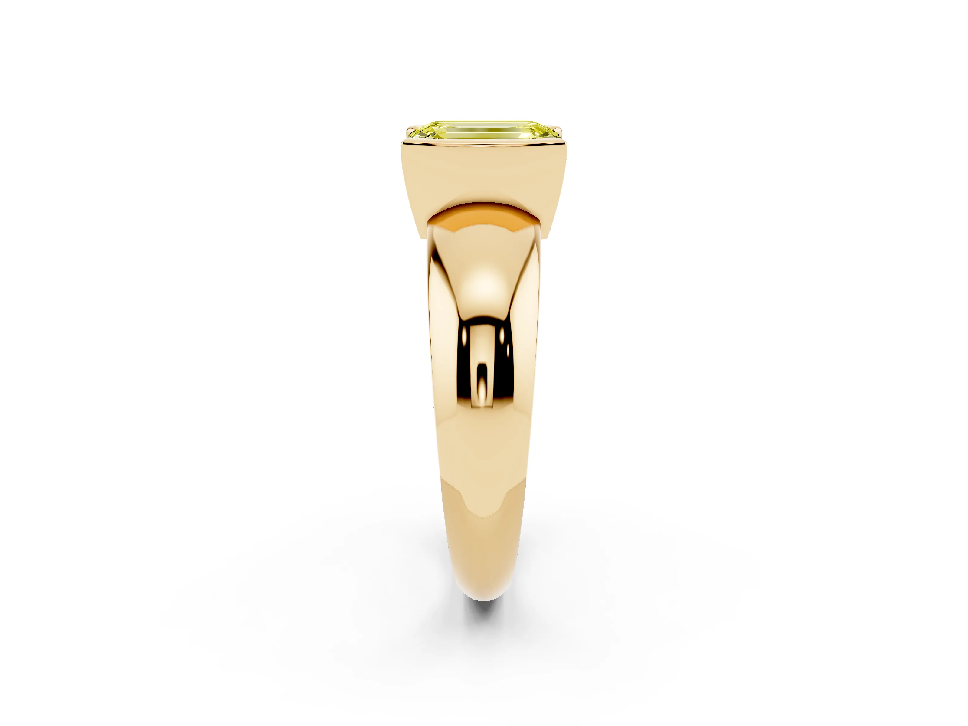 Fancy Yellow Emerald Cut Diamond Solitaire Tension Set Ring Set in Yellow gold with Wide Band