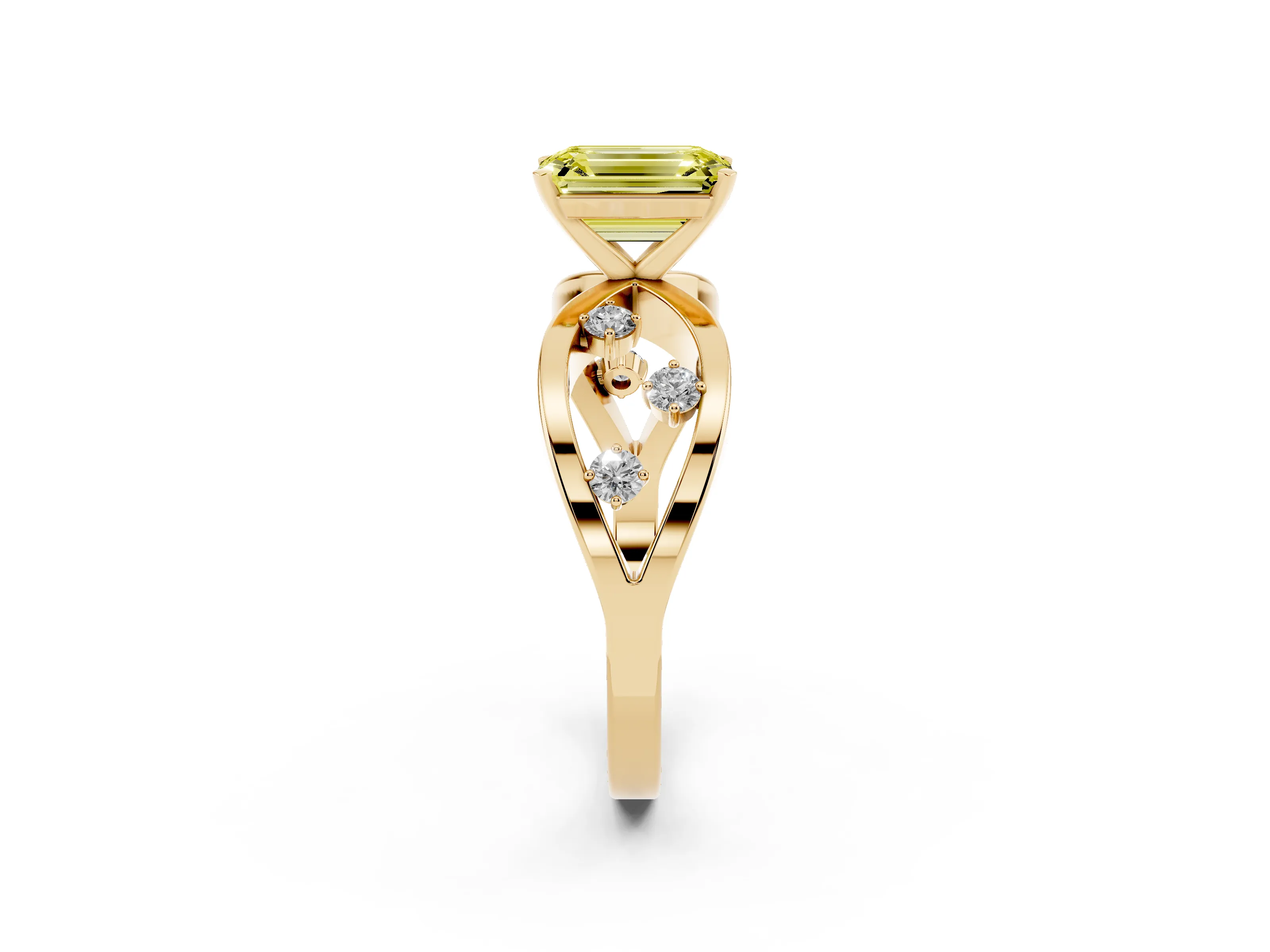 Fancy Yellow Emerald Cut Diamond Solitaire Ring Set in Yellow gold with Side Stones on Criss-Cross Band and Prong Setting