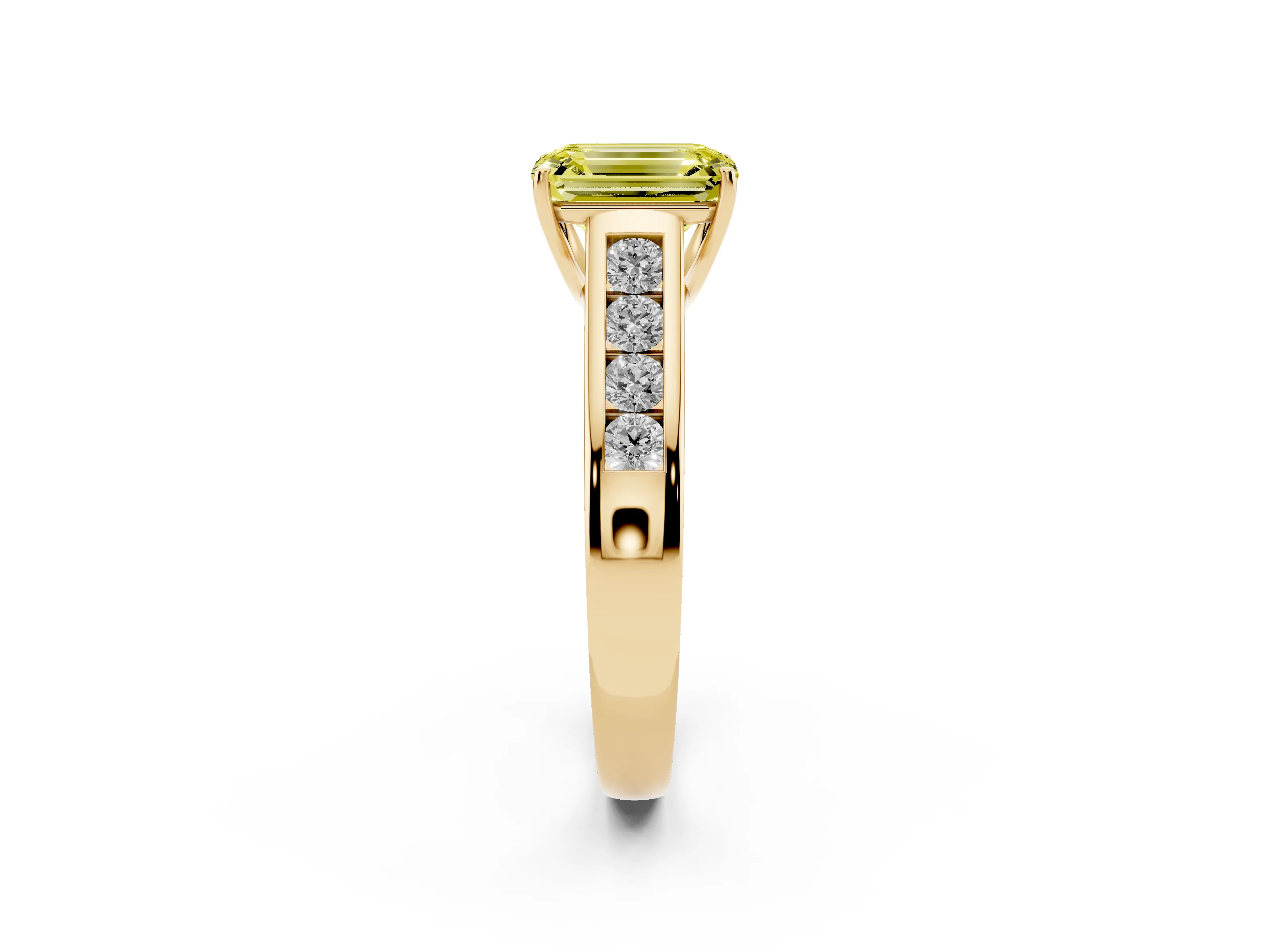 Fancy Yellow Emerald Cut Diamond Brilliant Channel-Set Solitaire Ring Set in Yellow gold with Prong Setting
