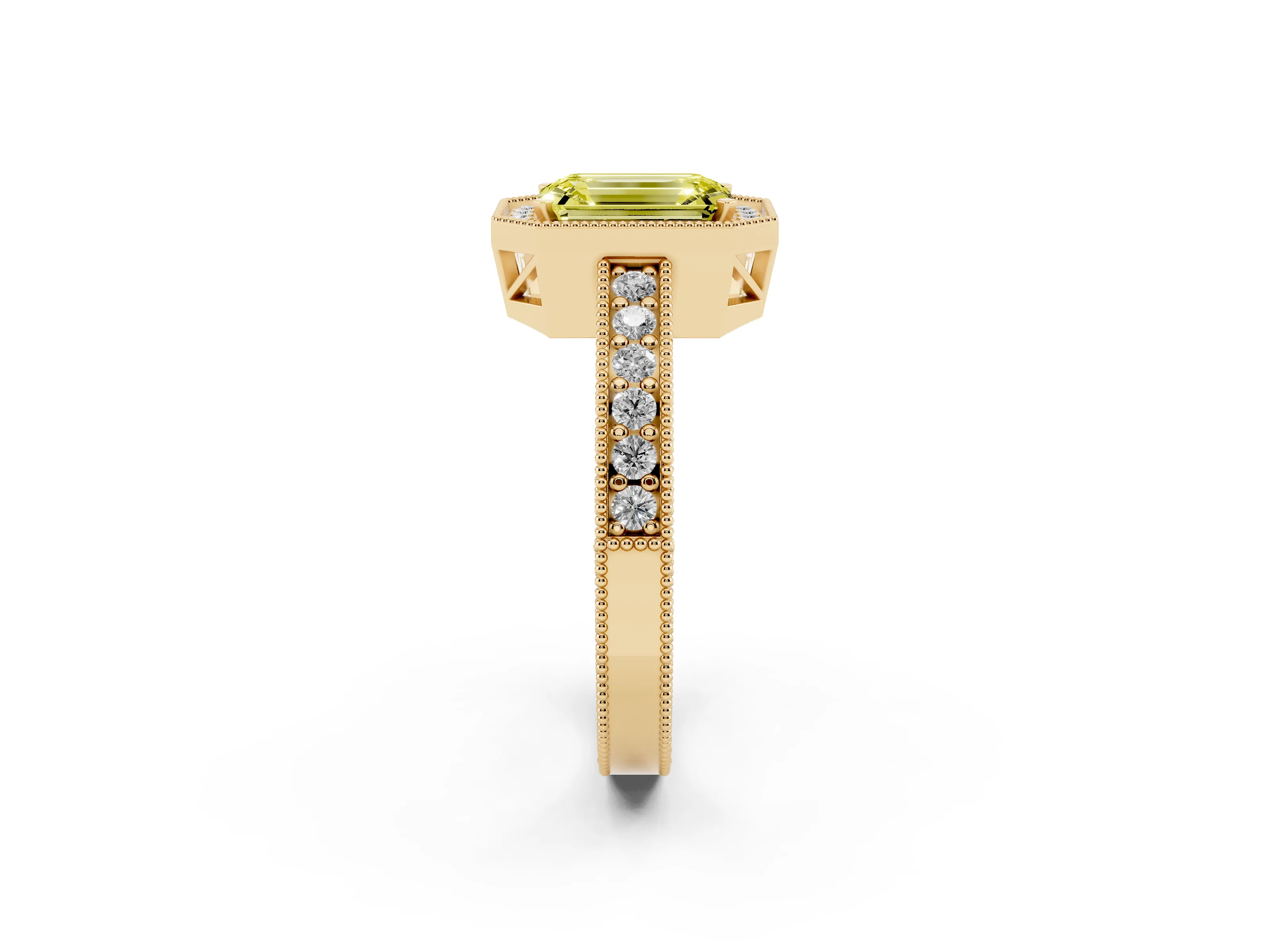 Fancy Yellow Emerald Cut Diamond Halo Pavé Band Ring Set in Yellow gold with Prong-Set Center