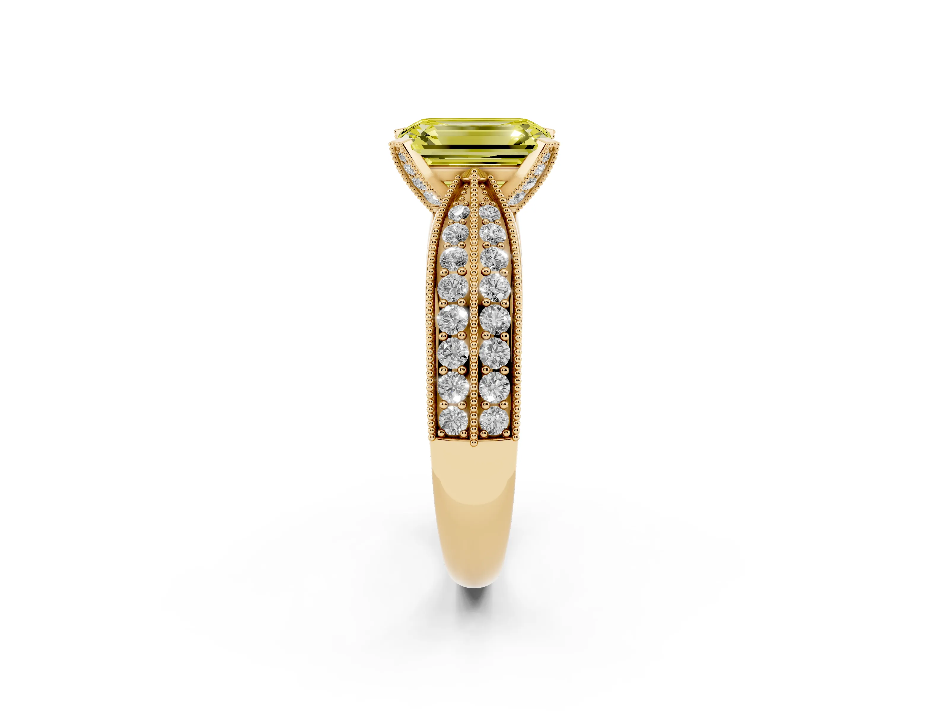 Fancy Yellow Emerald Cut Diamond Solitaire Ring Set in Yellow gold with Milgrain Double Row Round Pavé Band