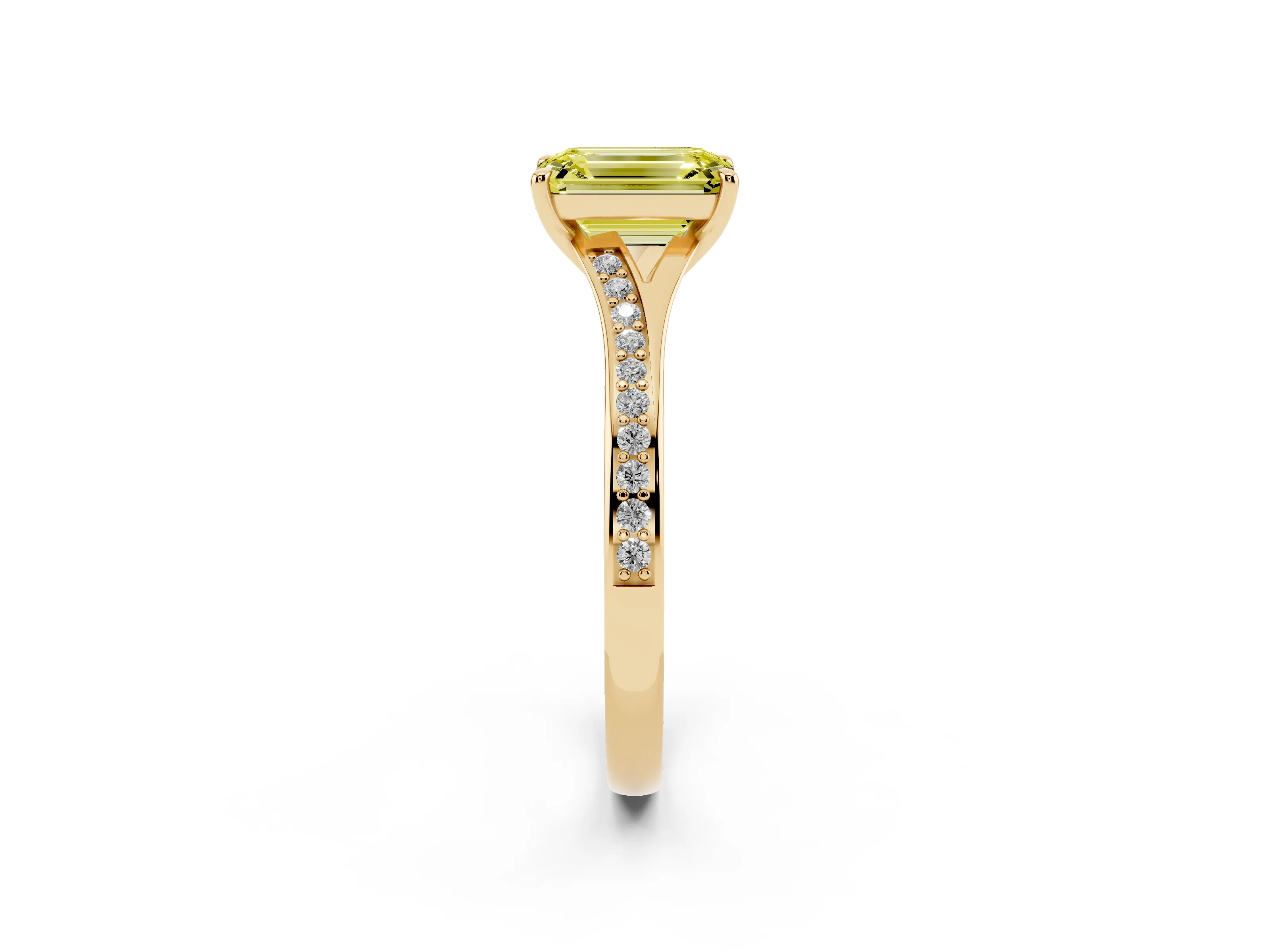 Fancy Yellow Emerald Cut Diamond Solitaire Ring Set in Yellow gold with Pavé Accent Band and Classic Prong Setting