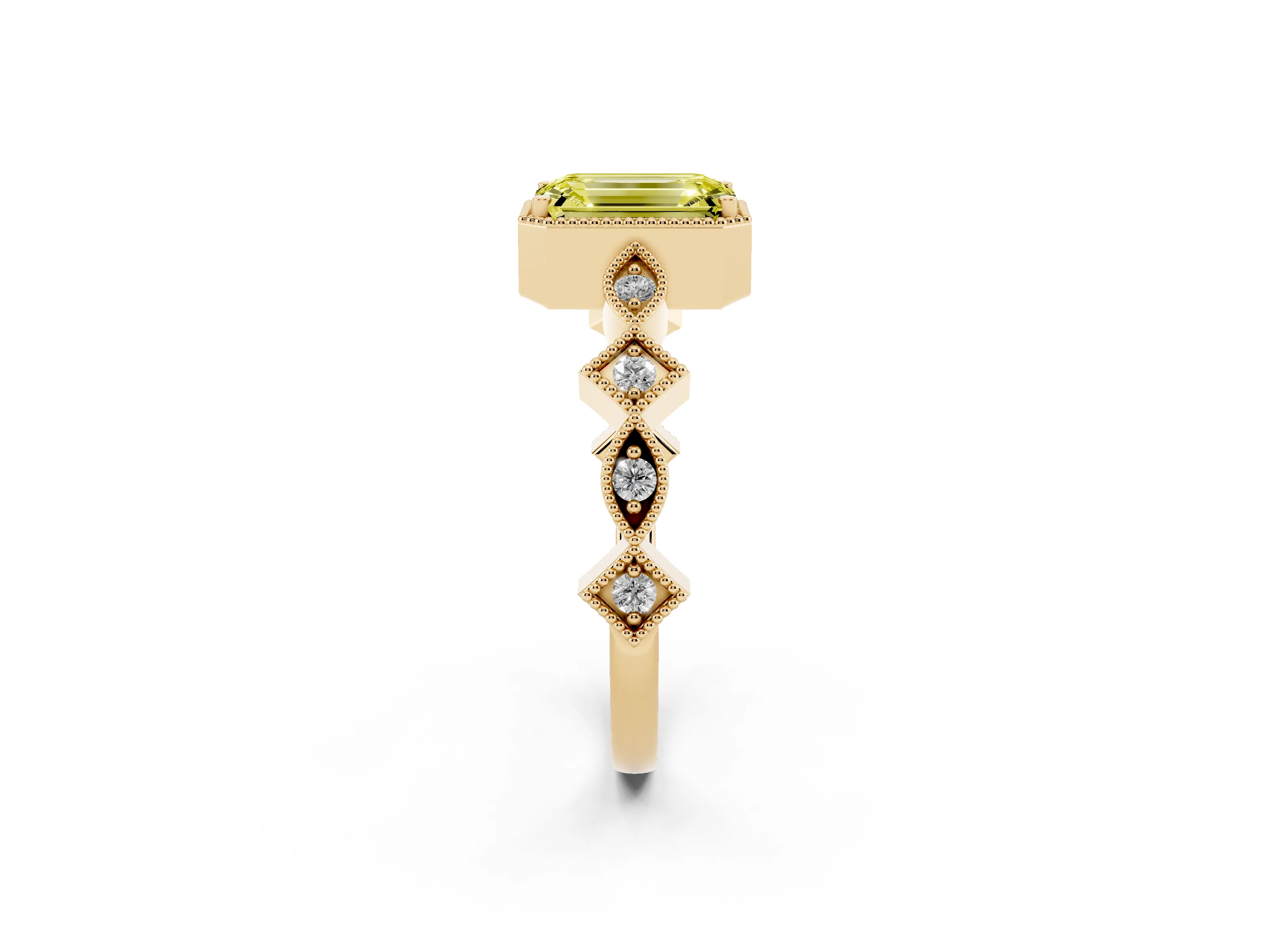 Fancy Yellow Emerald Cut Diamond Milgrain Marquise Twist Band Ring Set in Yellow gold with Prong Setting