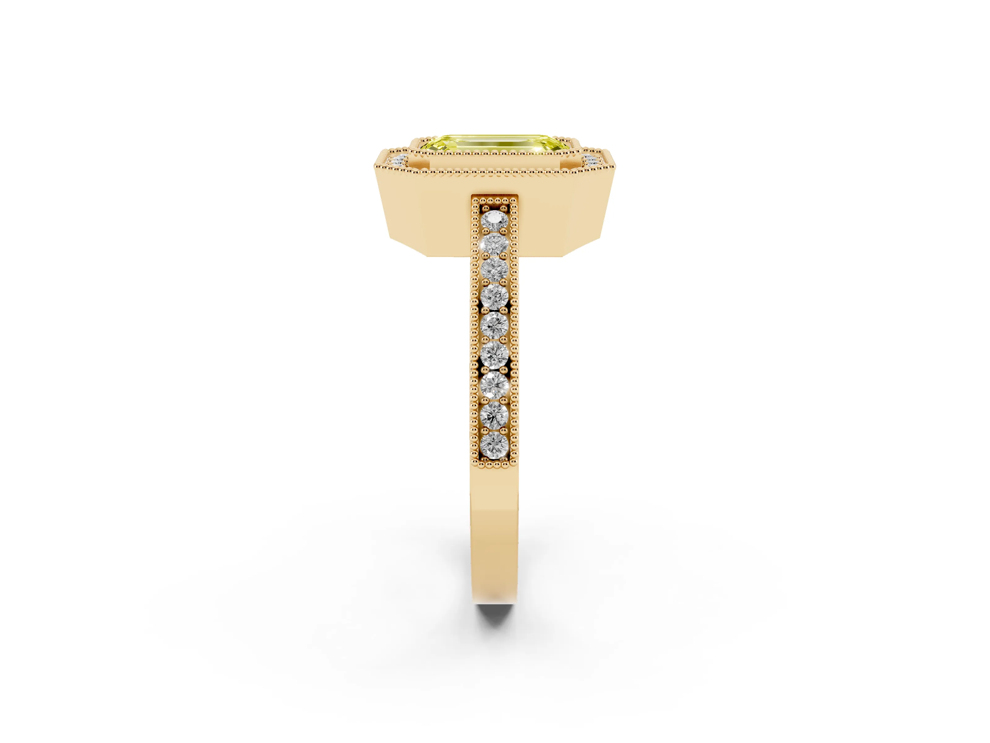 Fancy Yellow Emerald Cut Diamond Round Halo Ring Set in Yellow gold with Pavé Band