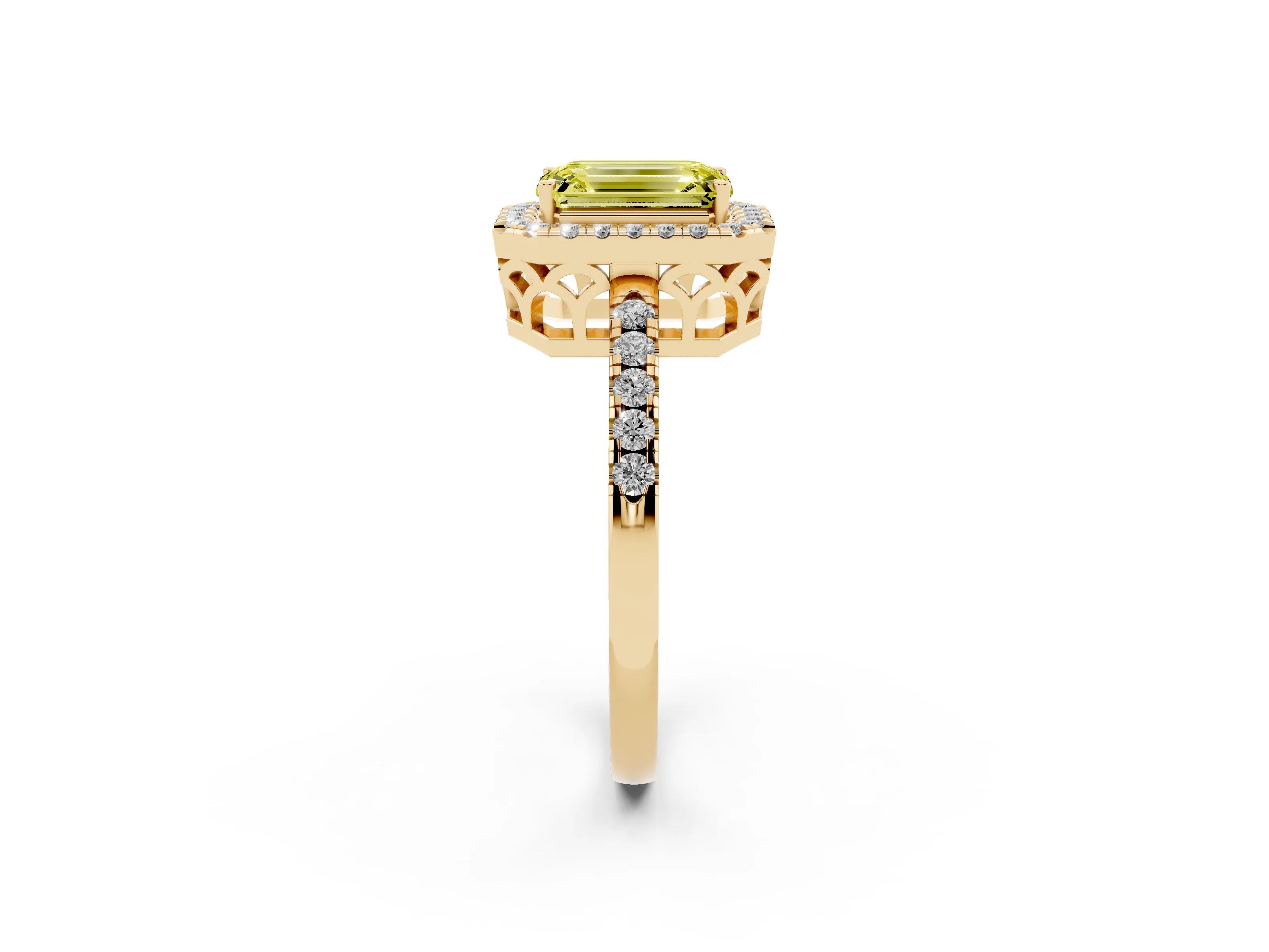 Fancy Yellow Emerald Cut Diamond Pavé Band Halo Engagement Ring Set in Yellow gold with Prong Setting