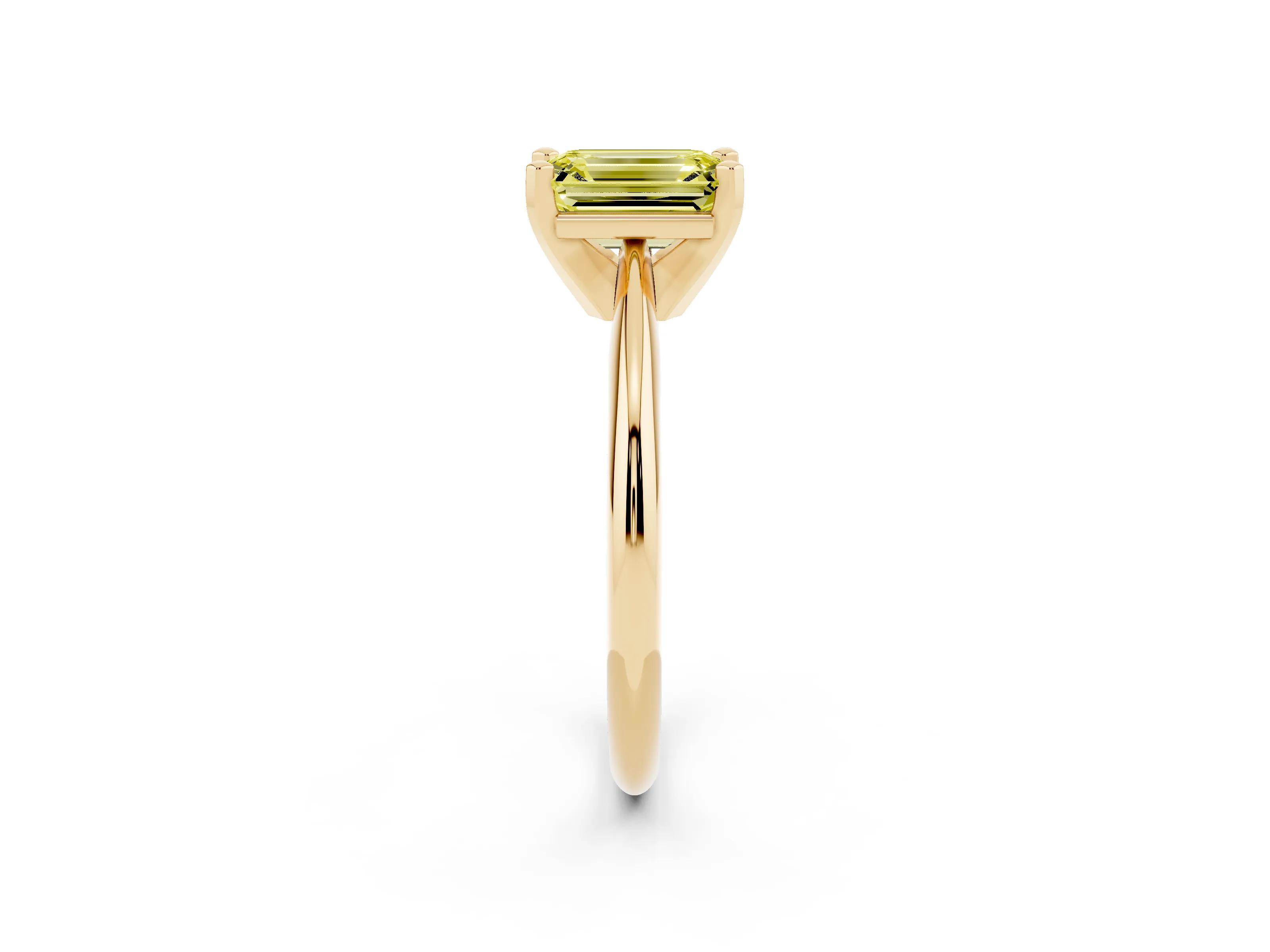 Fancy Yellow Emerald Cut Diamond Solitaire Ring Set in Yellow gold with Prong Setting on a Plain Round Band
