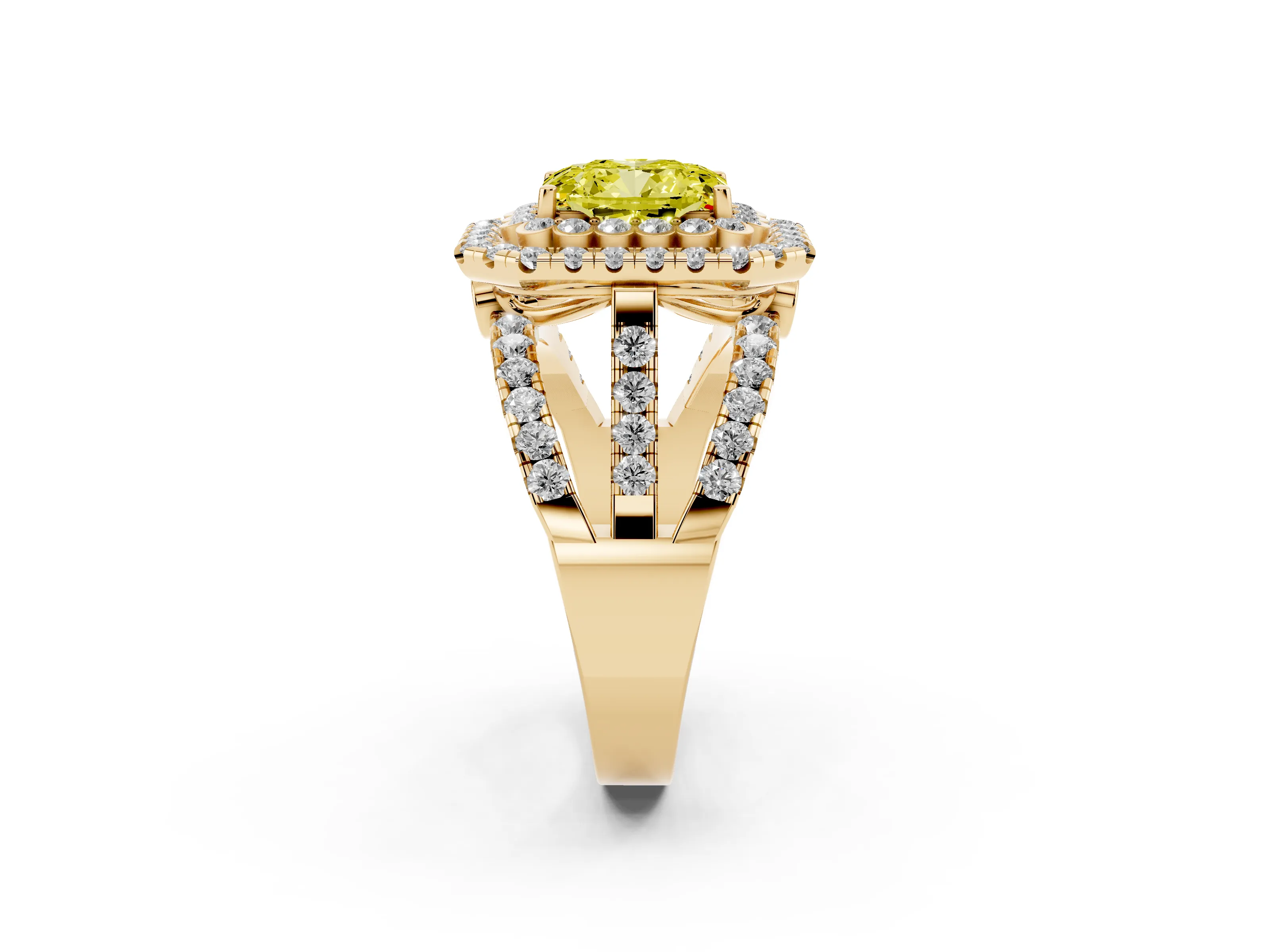 Fancy Yellow Emerald Cut Diamond Double Halo Ring Set in Yellow gold with Round Pavé Split Shank