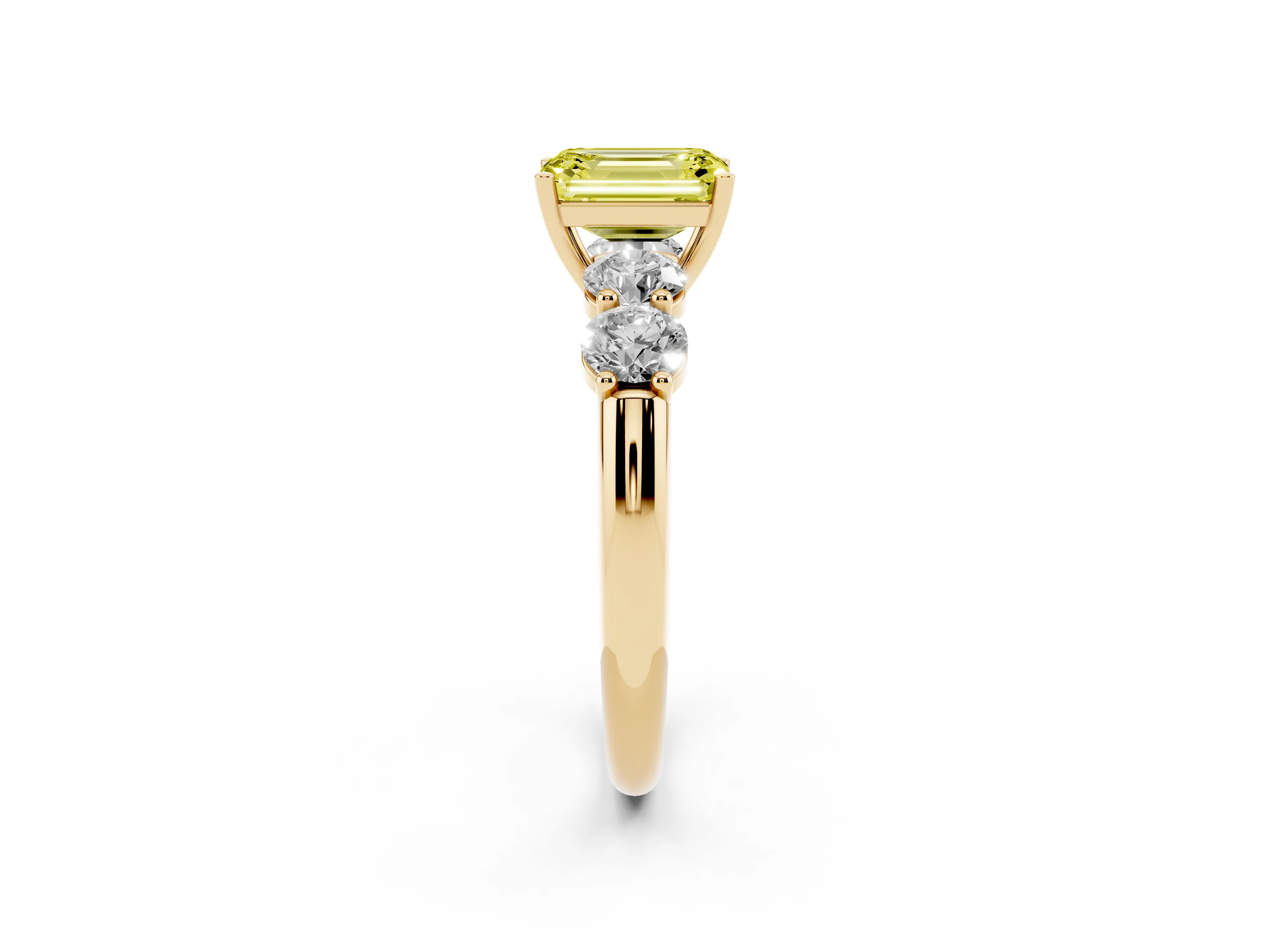 Fancy Yellow Emerald Cut Diamond Five-Stone Prong Set Ring Set in Yellow gold with Classic Band