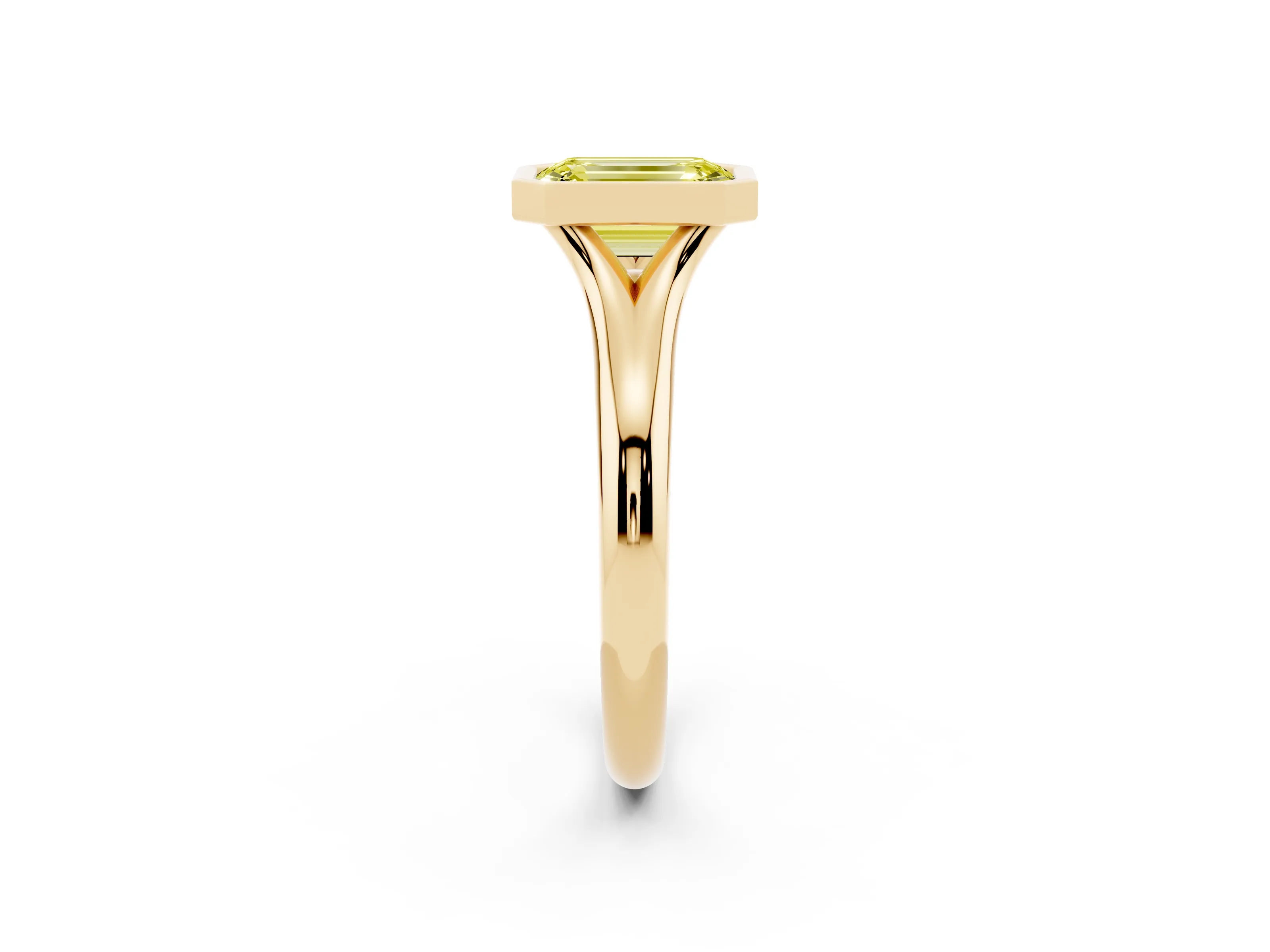 Fancy Yellow Bezel Set Emerald Cut Diamond Solitaire Ring Set in Yellow gold with Smooth Band
