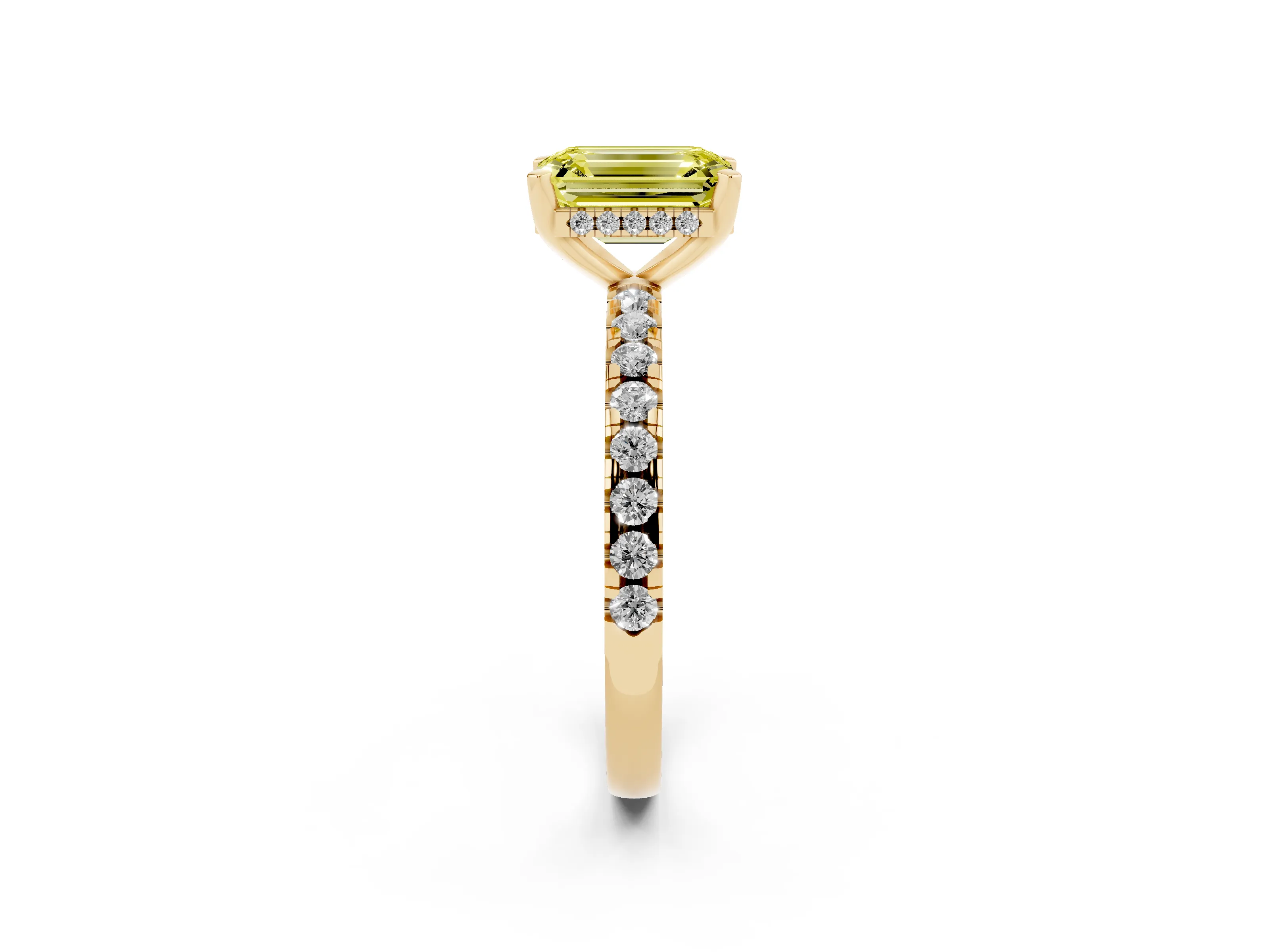 Fancy Yellow Emerald Cut Diamond Pavé Solitaire Ring Set in Yellow gold with Round Band Accents and Prong Setting