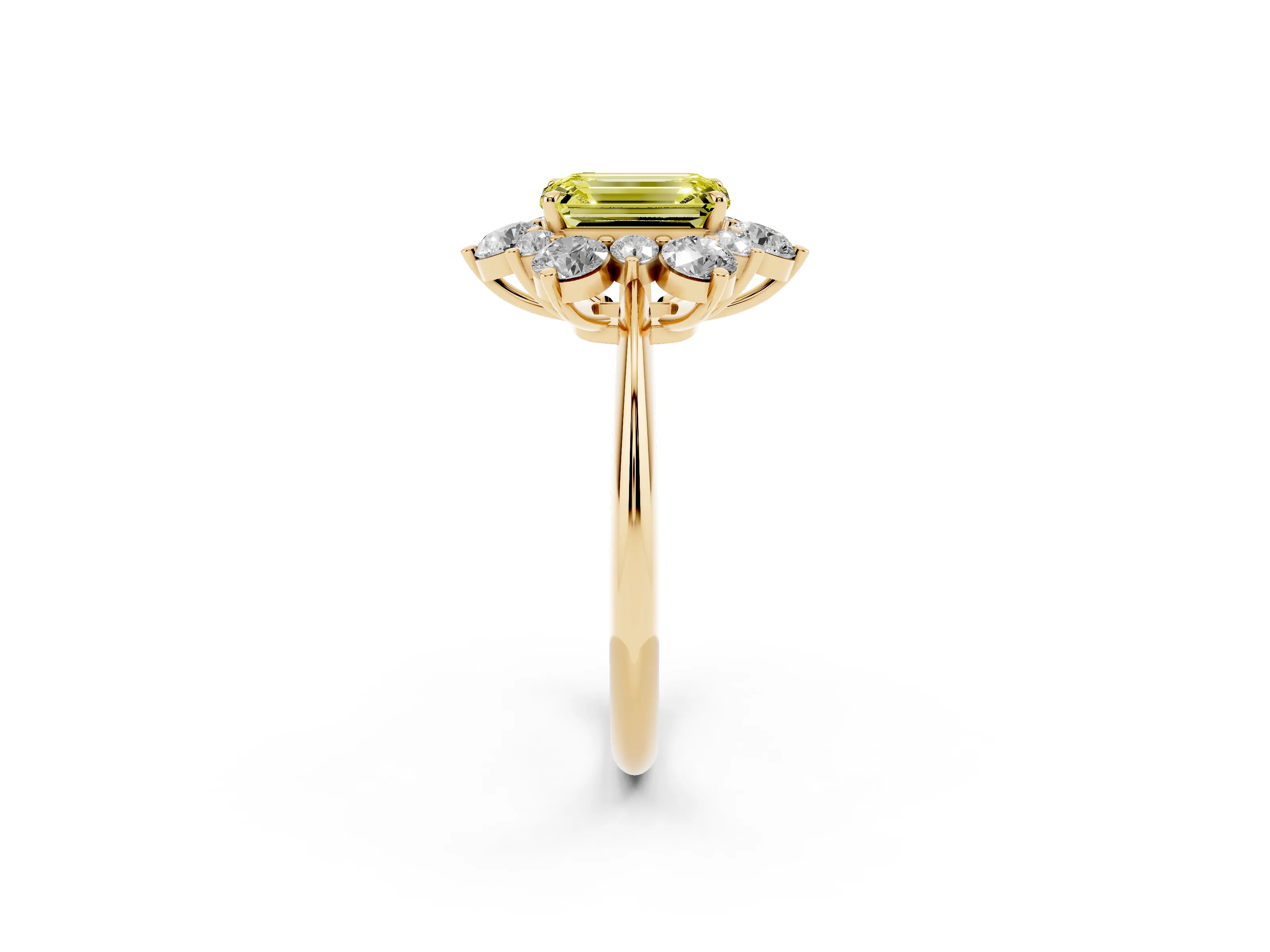 Fancy Yellow Emerald Cut Diamond Cluster Halo Ring Set in Yellow gold with Solitaire Band and Prong Setting