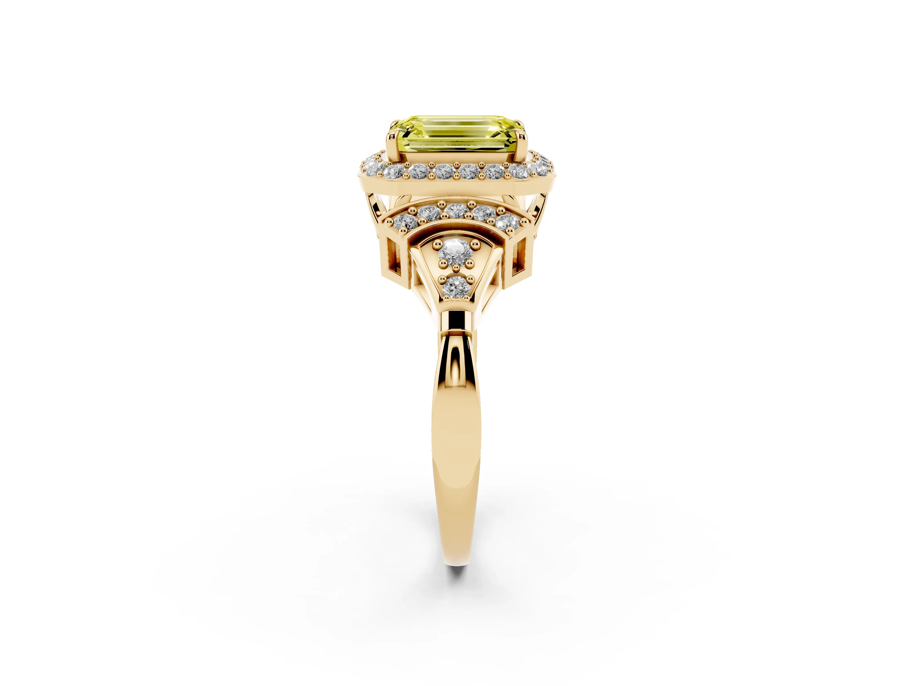 Fancy Yellow Emerald Cut Diamond Halo Engagement Ring Set in Yellow gold with Accent Stone Split Shank