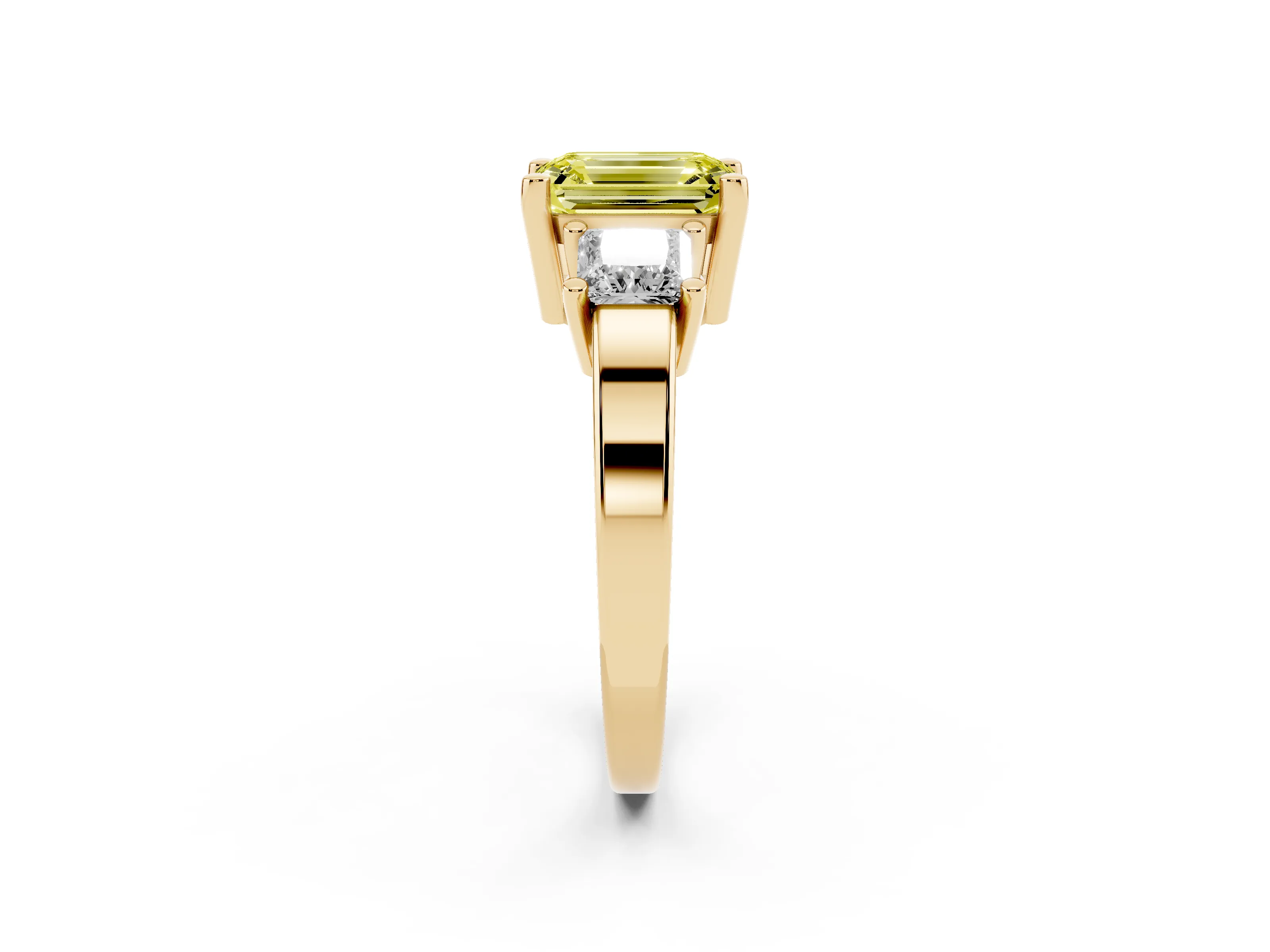 Fancy Yellow Three-Stone Emerald Cut Diamond Solitaire Ring Set in Yellow gold with Prong Setting