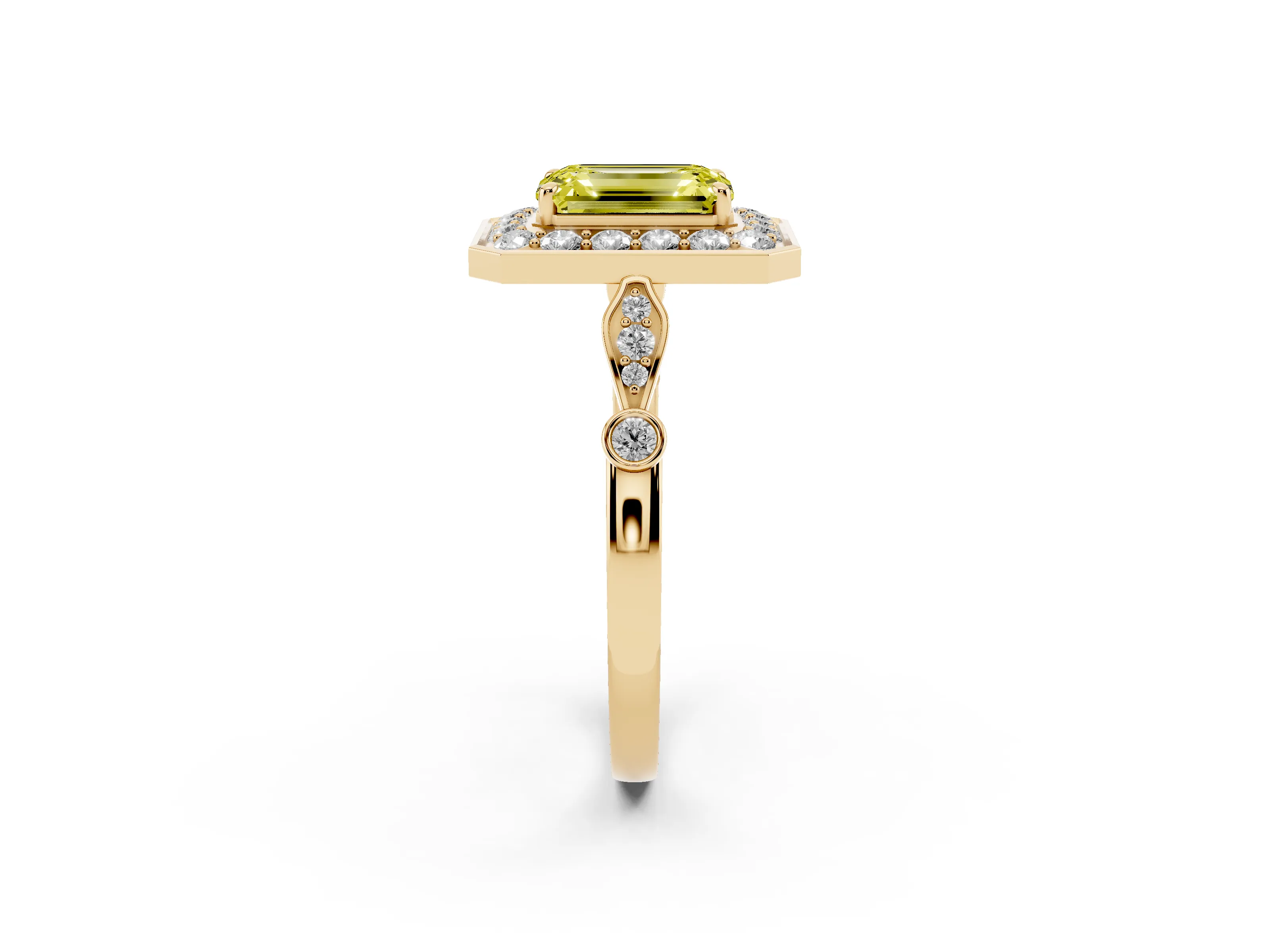 Fancy Yellow Emerald Cut Diamond Halo Engagement Ring Set in Yellow gold with Twisted Band and Prong Setting