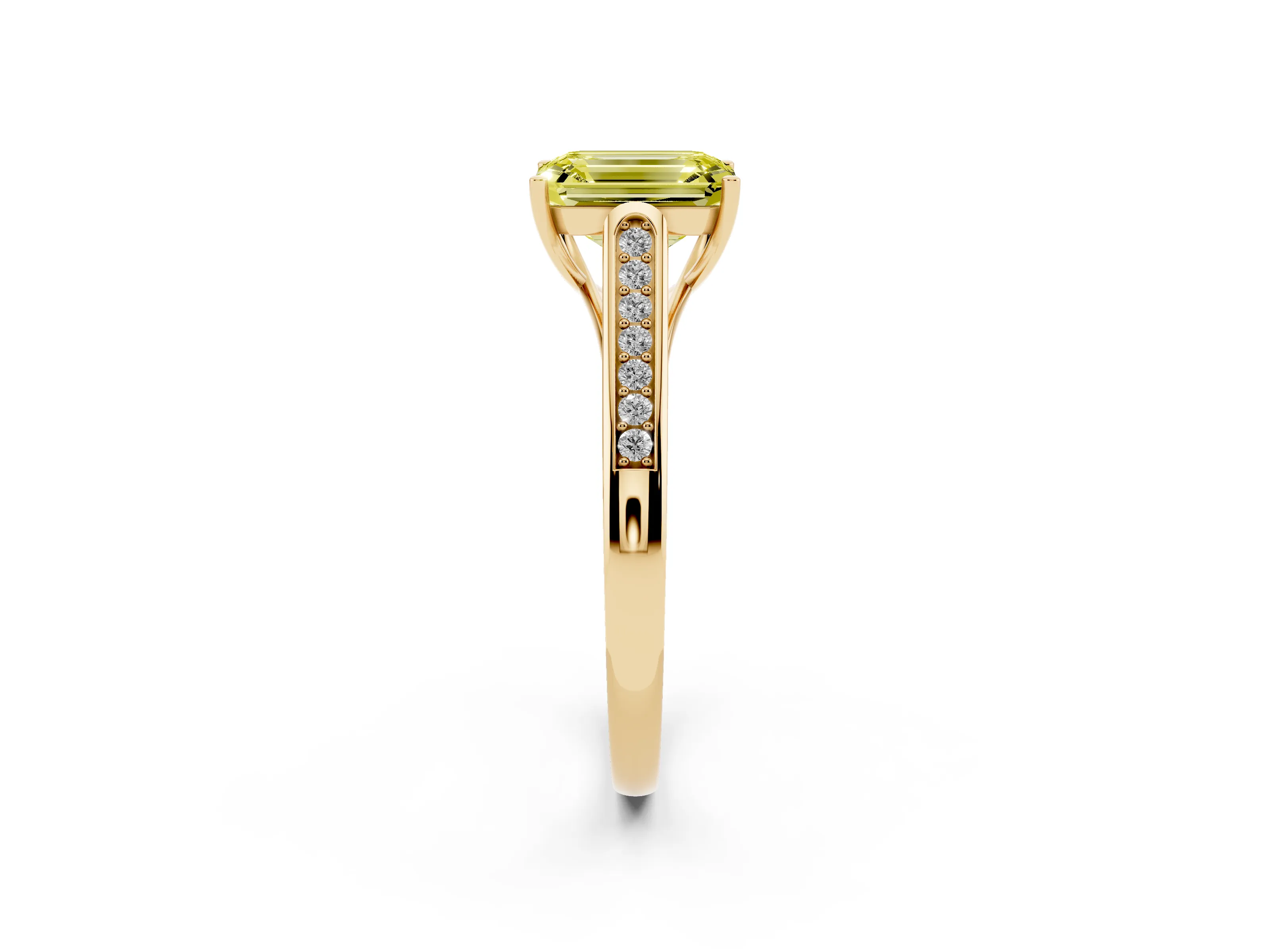 Fancy Yellow Emerald Cut Diamond Solitaire Cathedral Engagement Ring Set in Yellow gold with Channel-Set Band and Prong Setting