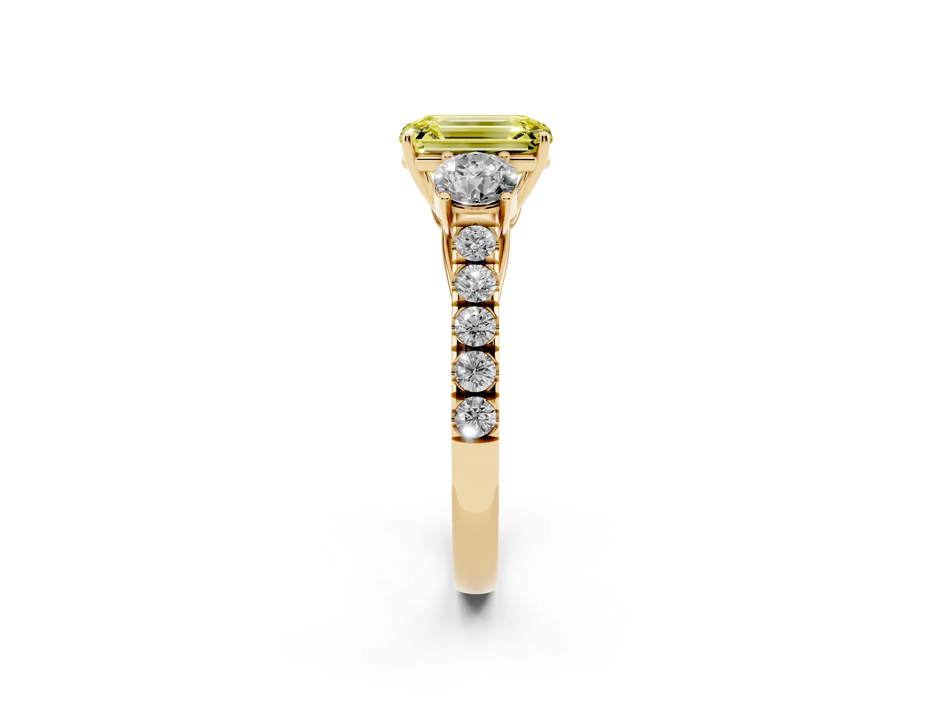 Fancy Yellow Emerald Cut Diamond Three-Stone Ring Set in Yellow gold with Round Side Stones and Delicate Pavé Band