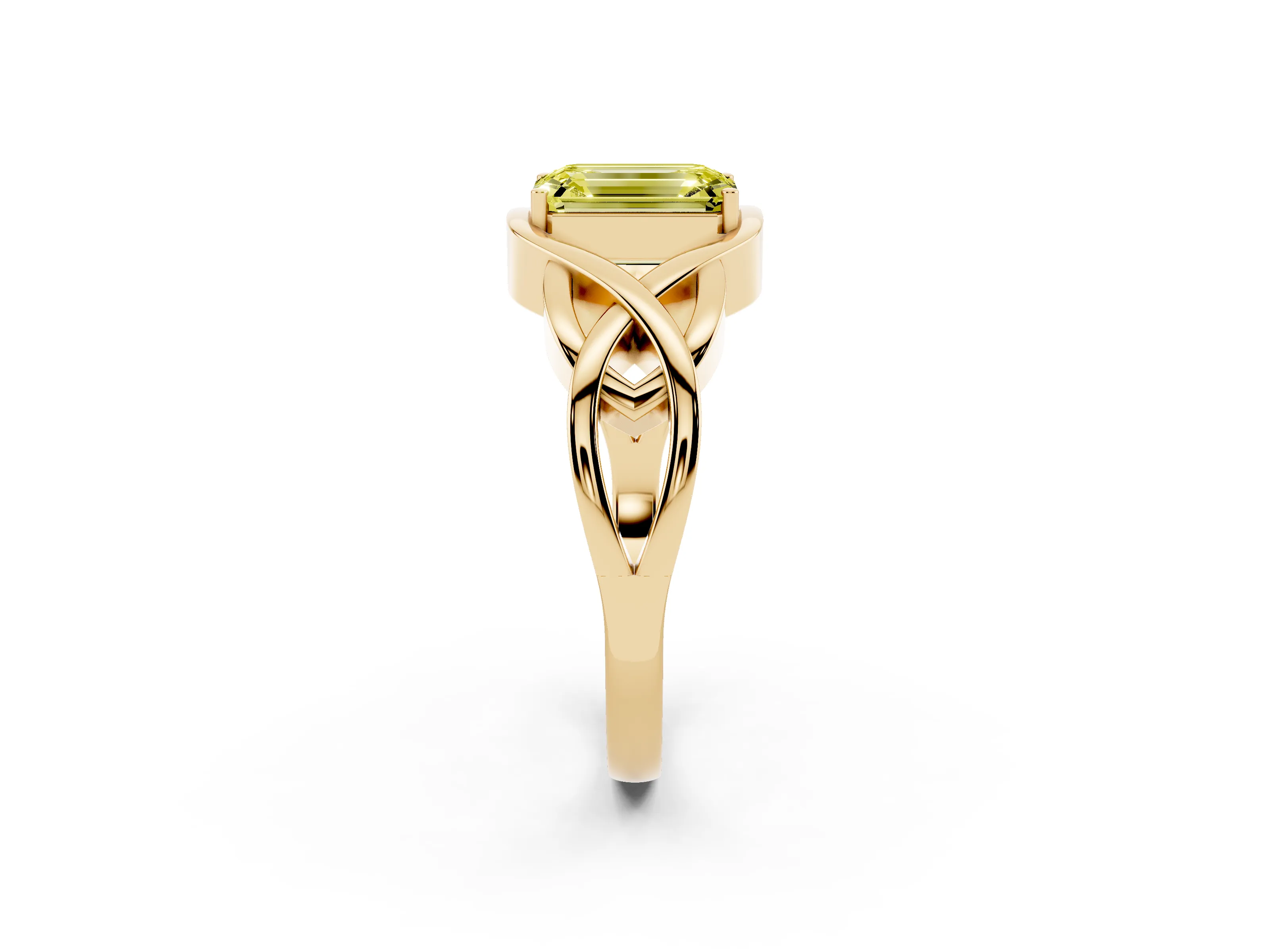 Fancy Yellow Emerald Cut Diamond Solitaire Ring Set in Yellow gold with Intertwined Band