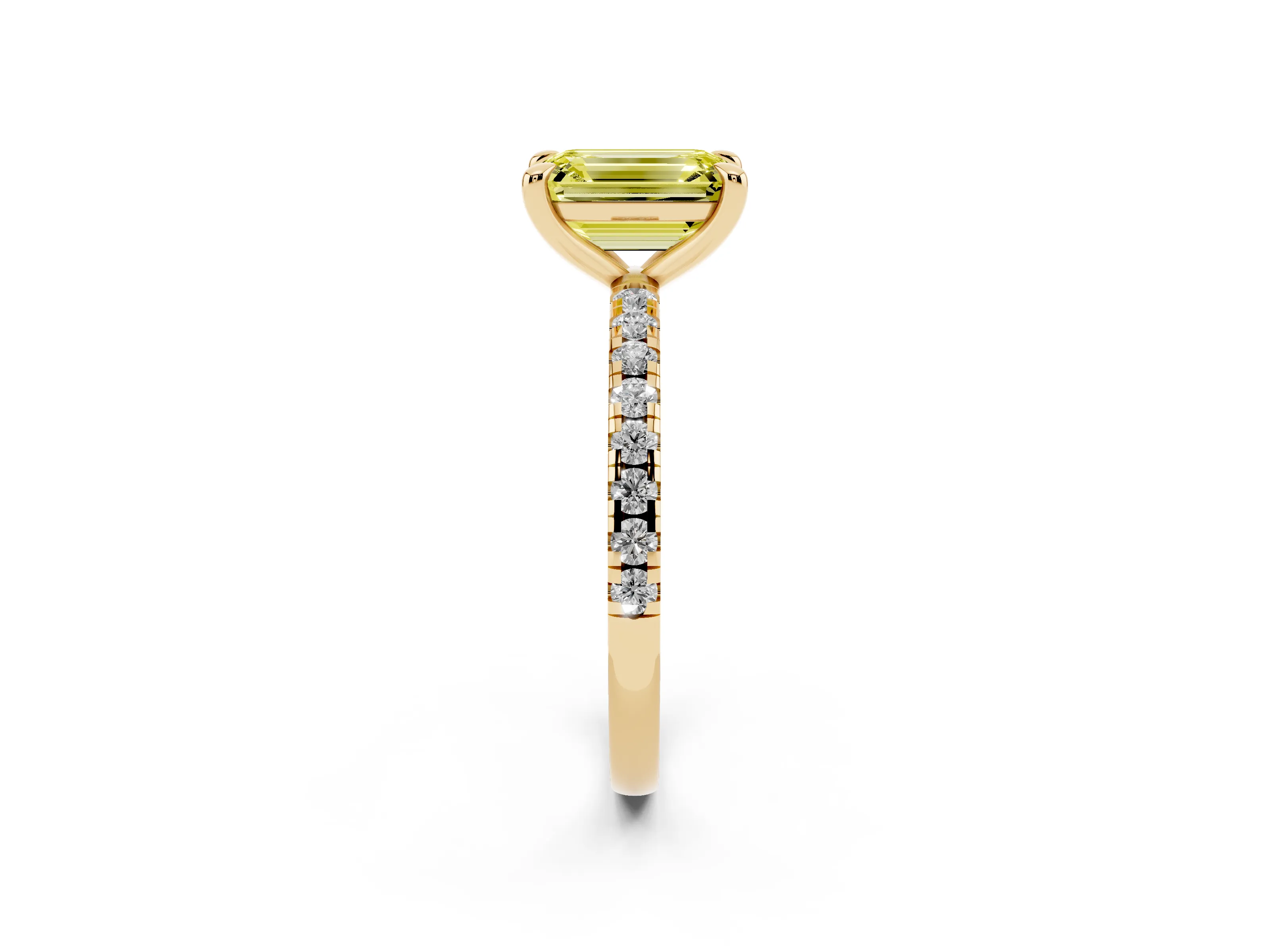 Fancy Yellow Emerald Cut Diamond Brilliant Solitaire Ring Set in Yellow gold with Pavé Band and Prong Setting