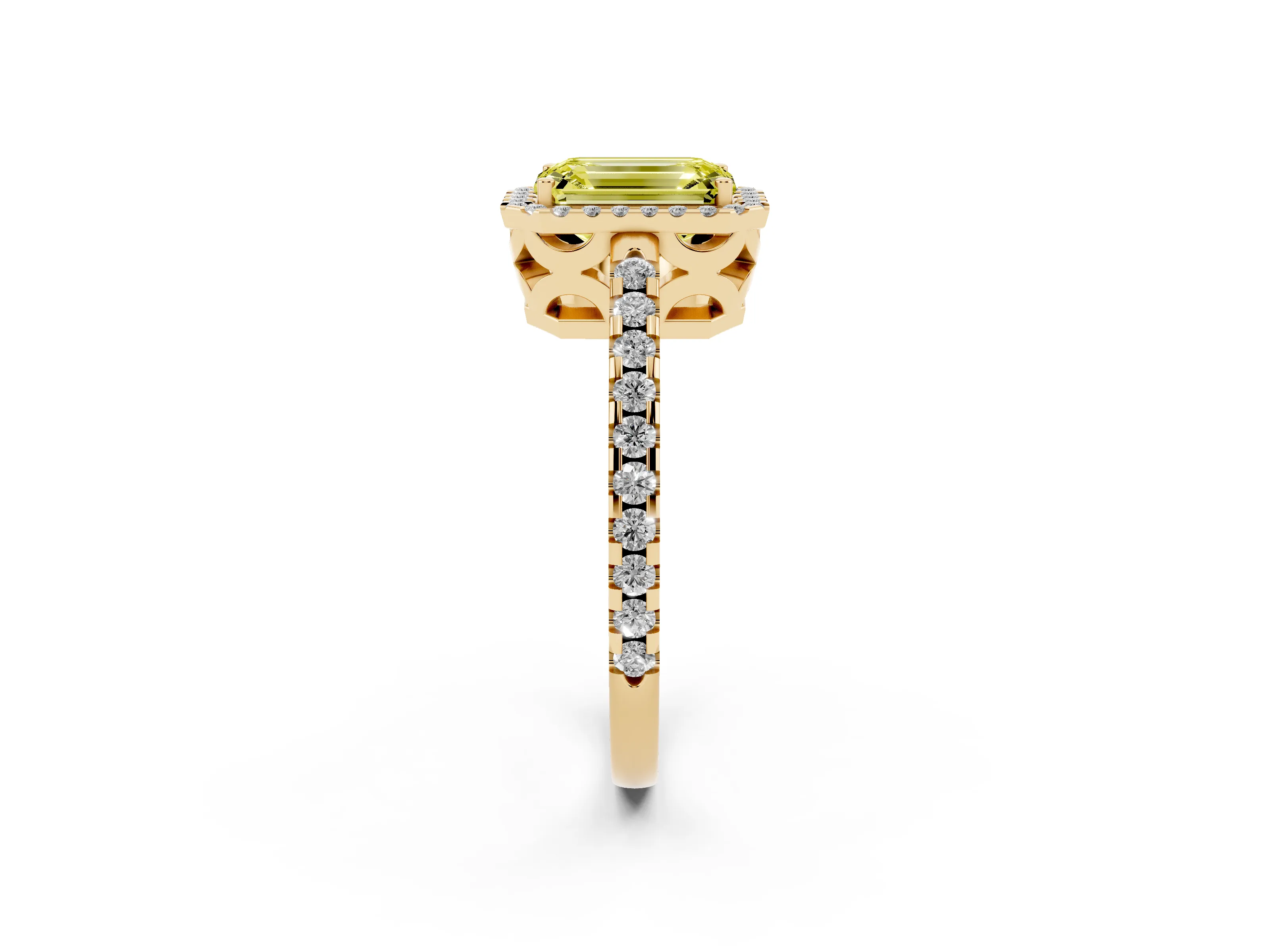 Fancy Yellow Emerald Cut Diamond Halo Ring Set in Yellow gold with Pavé Shoulders and Halo-Framed Center