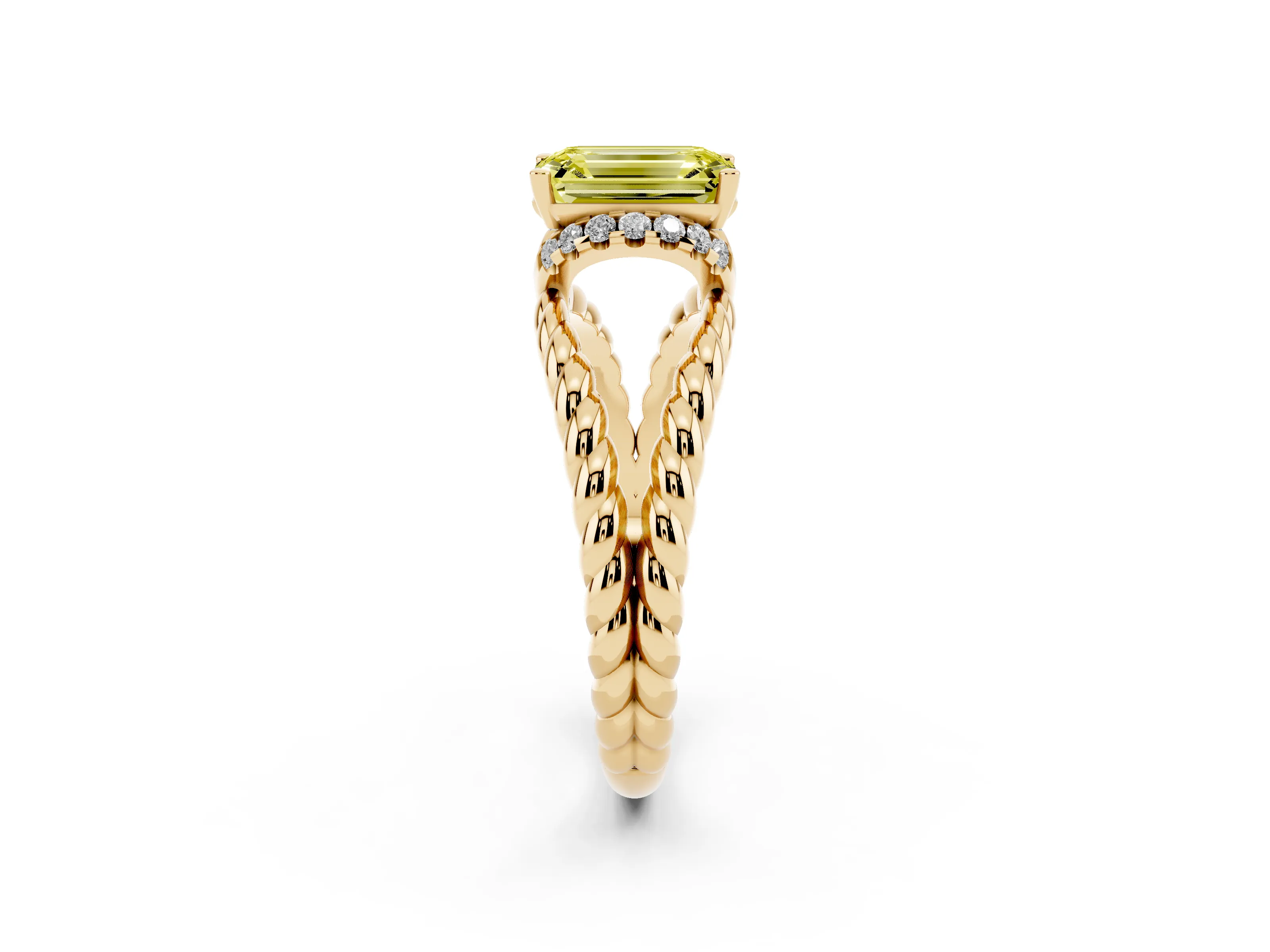Fancy Yellow Emerald Cut Diamond Halo Ring Set in Yellow gold with Twisted Band and Prong Setting