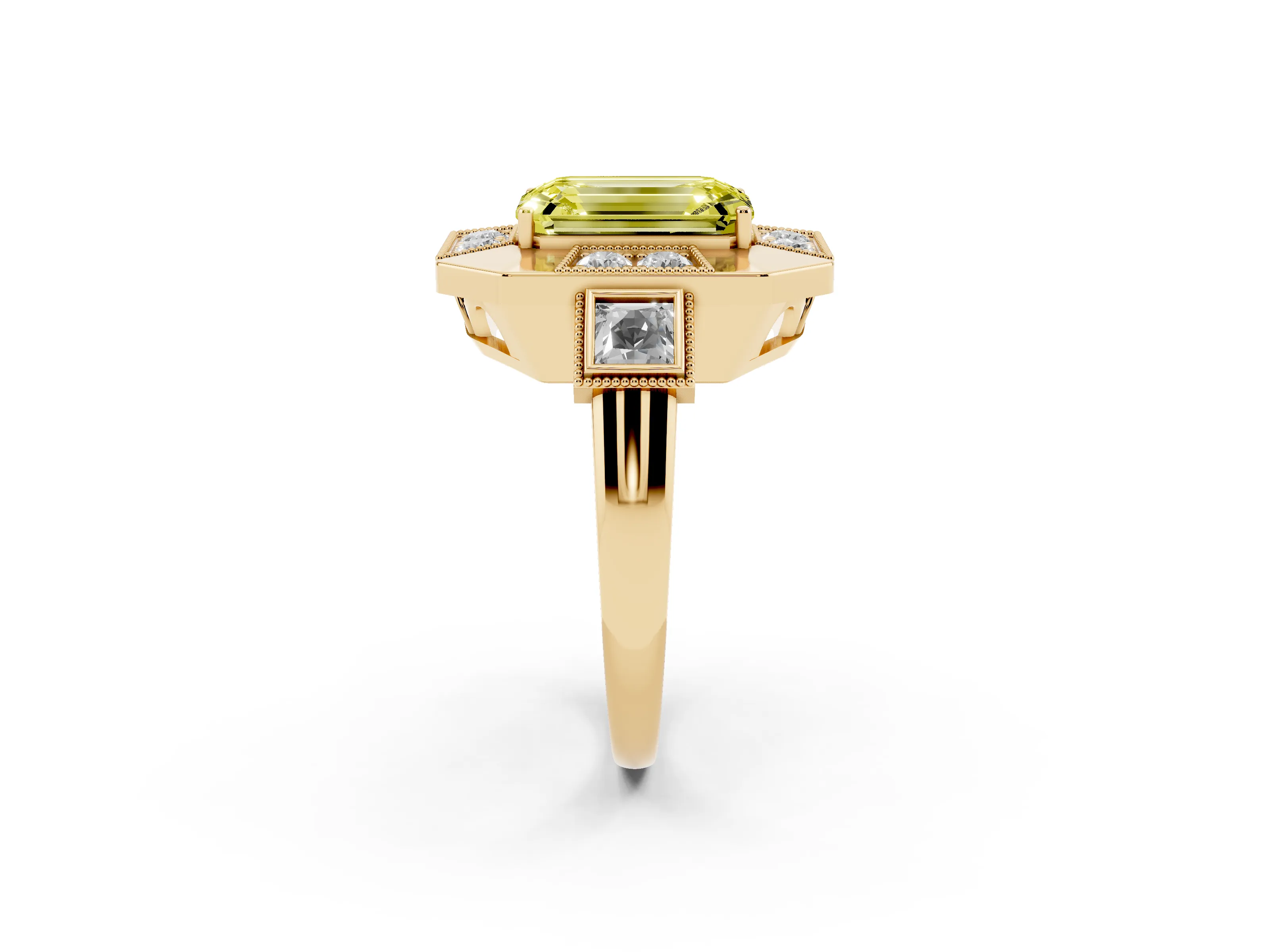 Fancy Yellow Emerald Cut Diamond Milgrain Halo Ring Set in Yellow gold with Split Shank