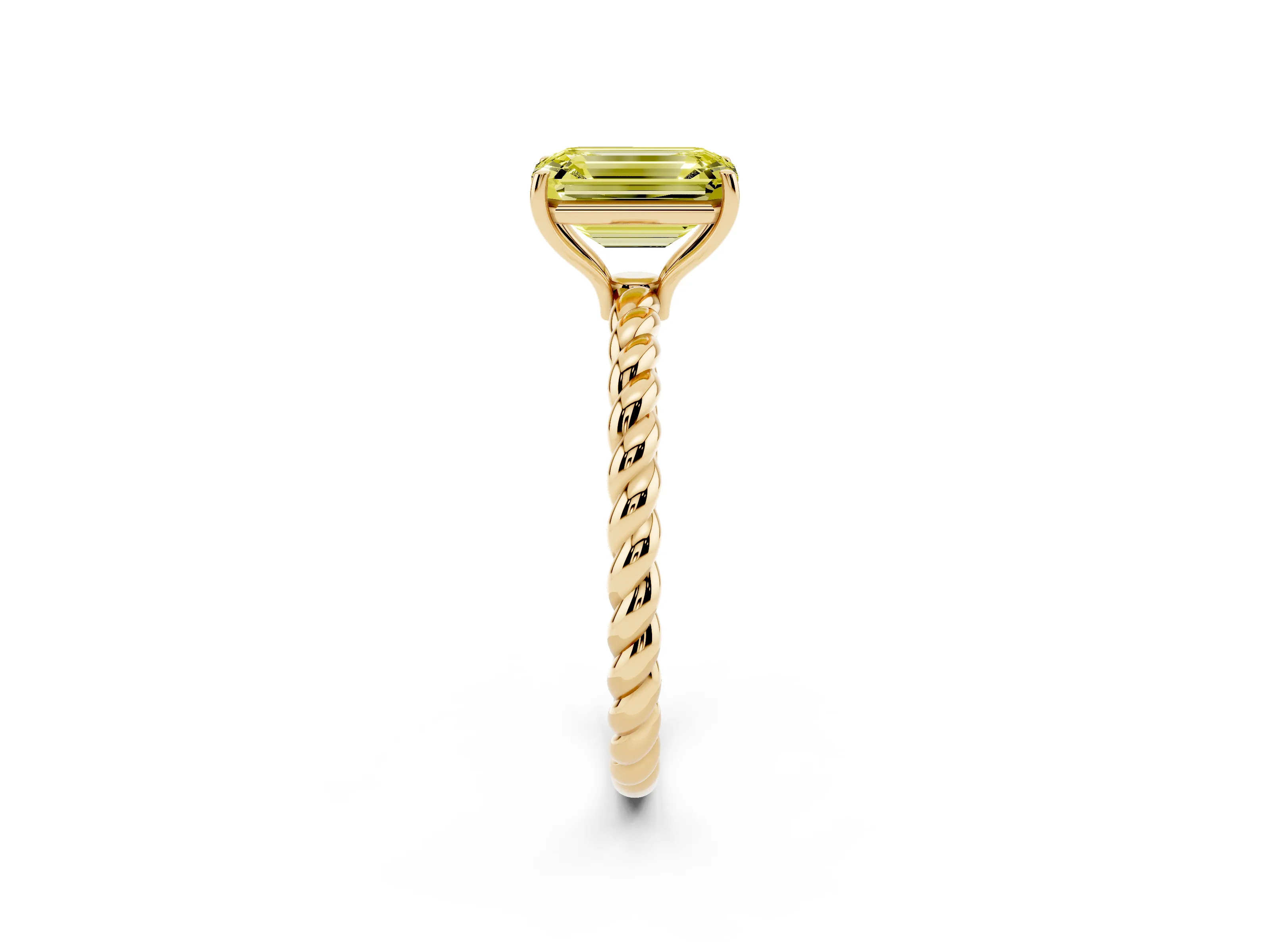 Fancy Yellow Emerald Cut Diamond Solitaire Ring Set in Yellow gold with Twist Band and Prong Setting