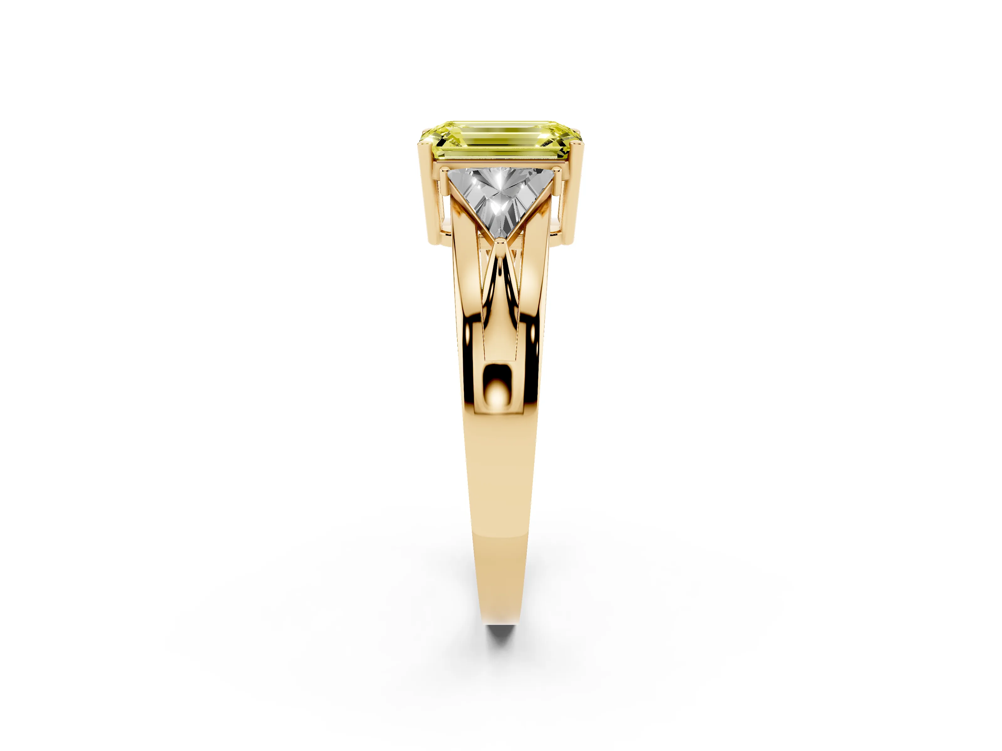 Fancy Yellow Emerald Cut Diamond Three-Stone Ring Set in Yellow gold with Trillion Side Stones and Split Shank