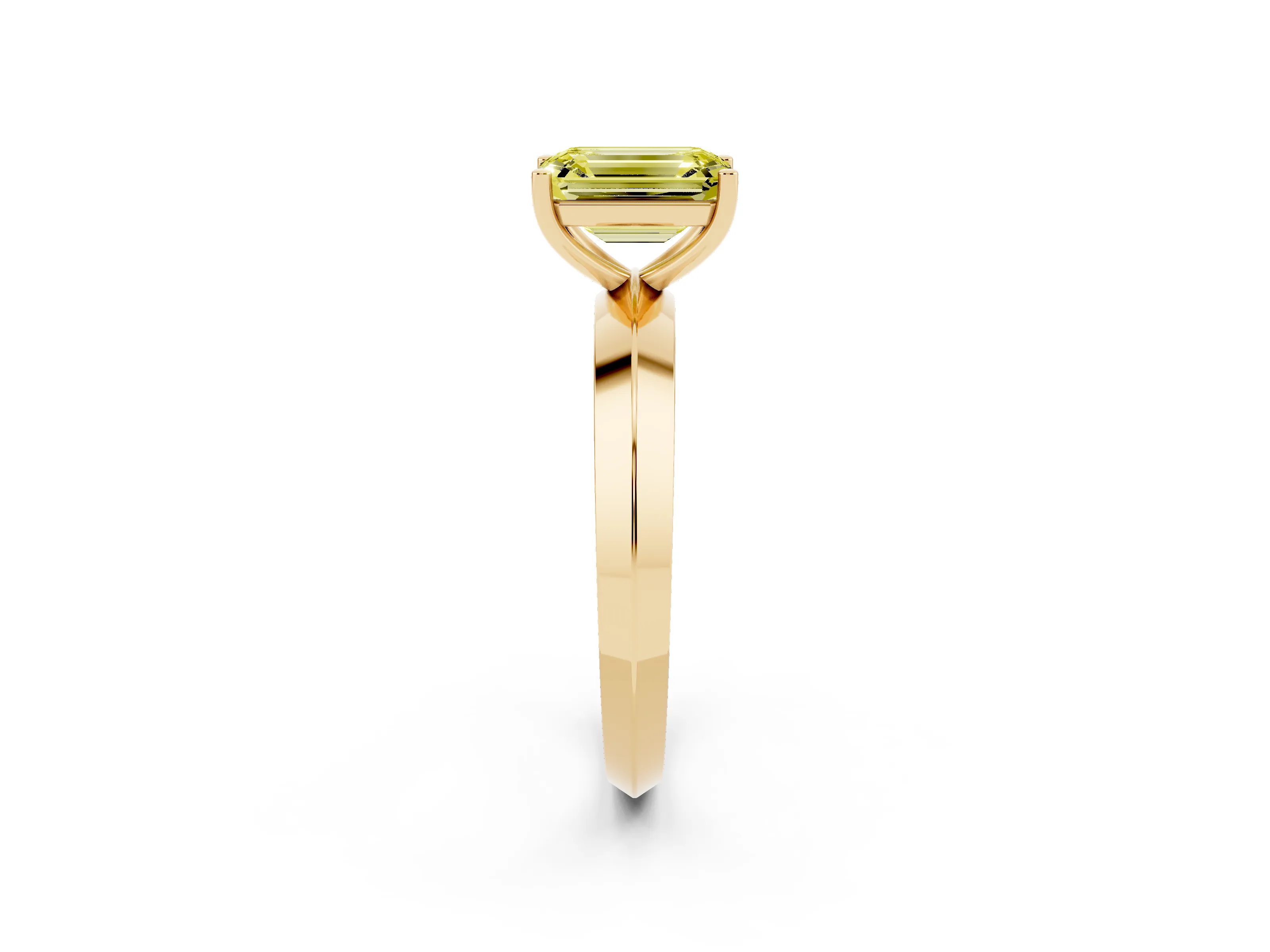 Fancy Yellow Emerald Cut Diamond Solitaire Engagement Ring Set in Yellow gold with Flat Band and Prong Setting