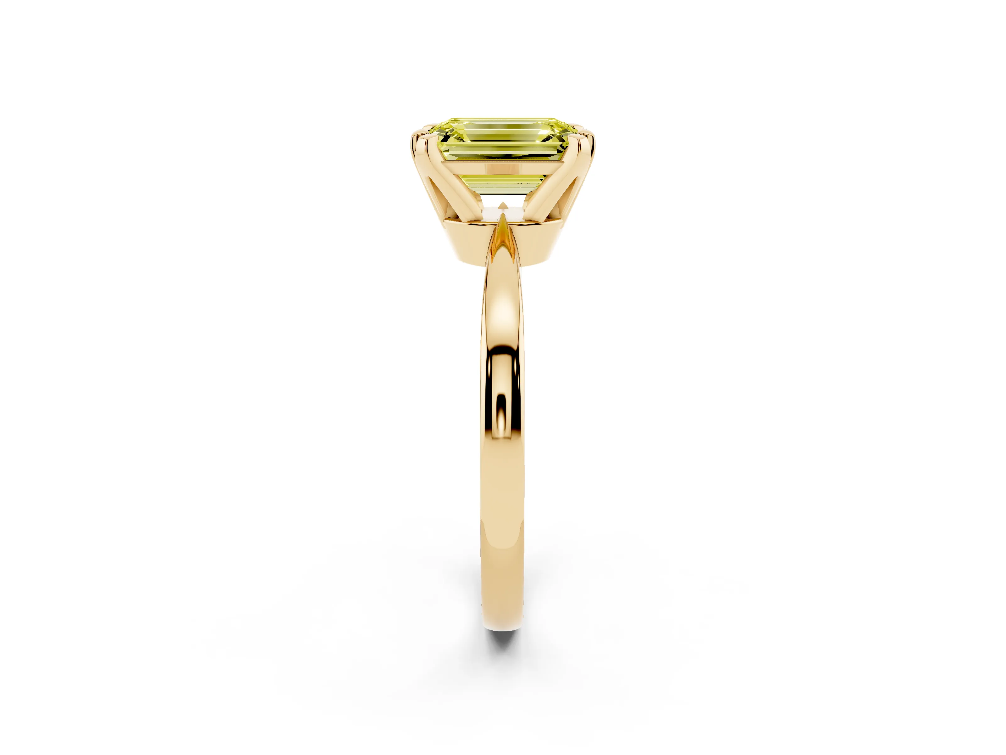 Fancy Yellow Emerald Cut Diamond Solitaire Engagement Ring Set in Yellow gold with Slim Tapered Solitaire Band