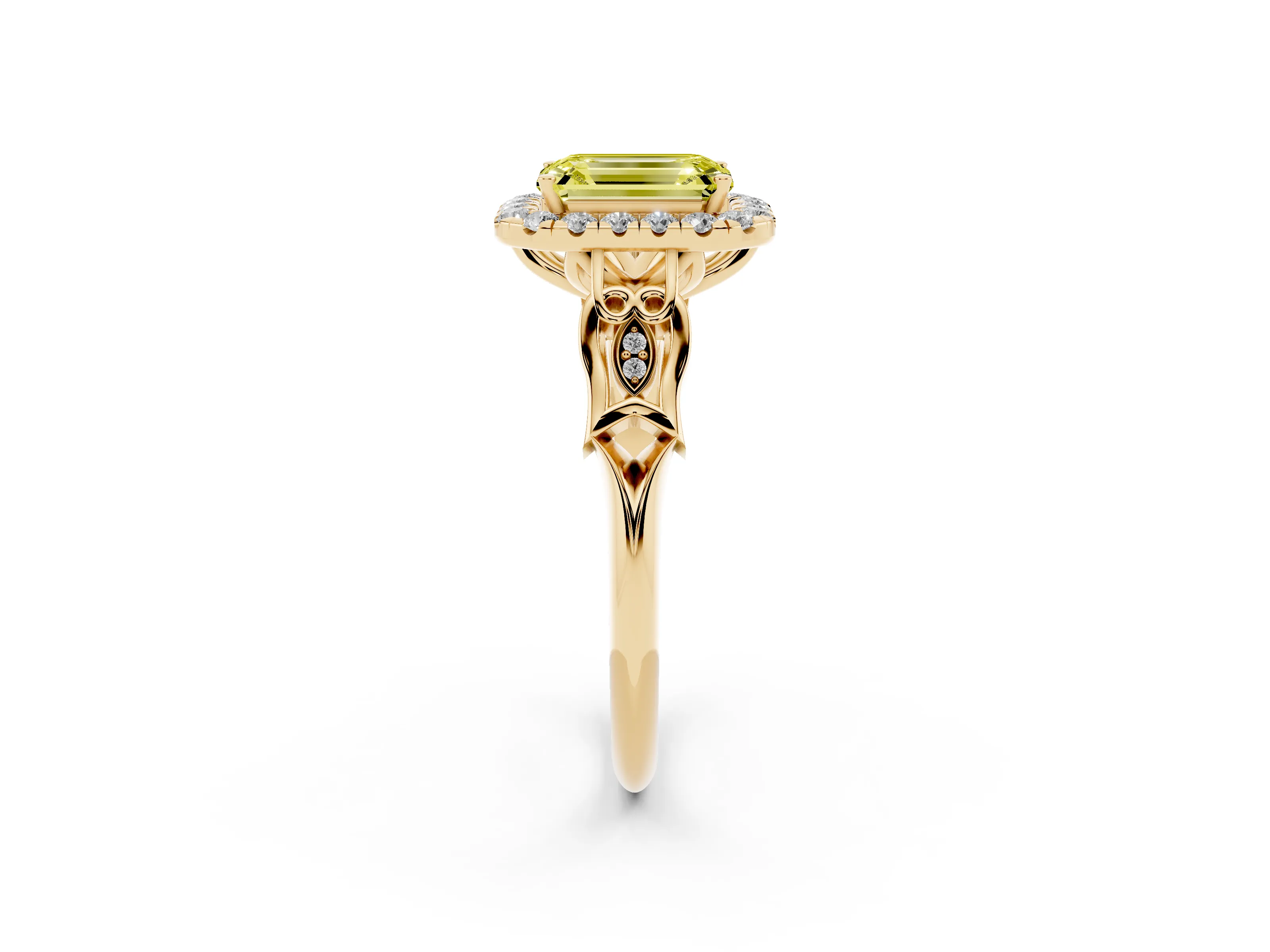 Fancy Yellow Emerald Cut Diamond Halo Engagement Ring Set in Yellow gold with Filigree Band and Prong-Set Center