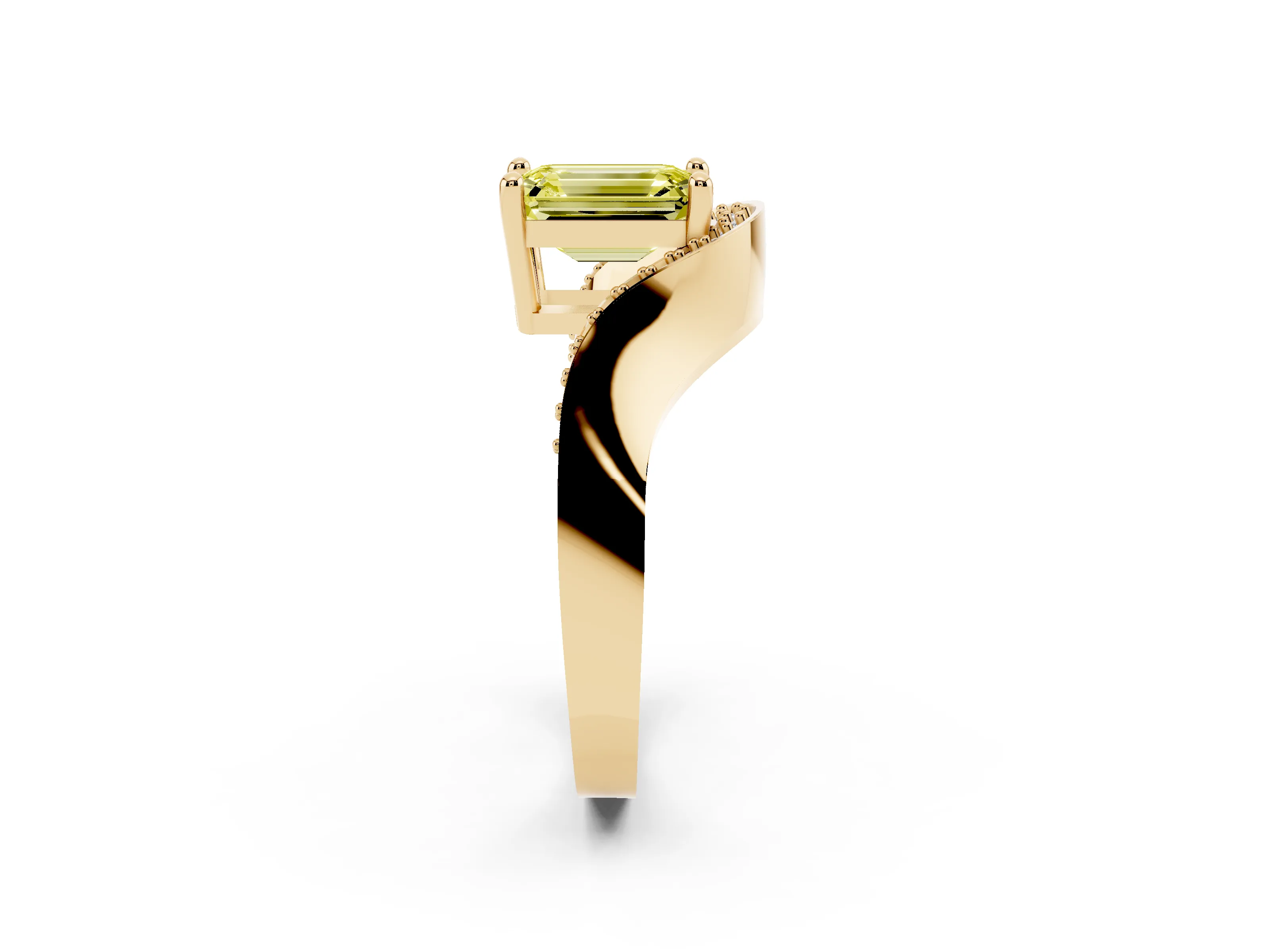 Fancy Yellow Emerald Cut Diamond Solitaire Engagement Ring Set in Yellow gold with Pavé Shoulders