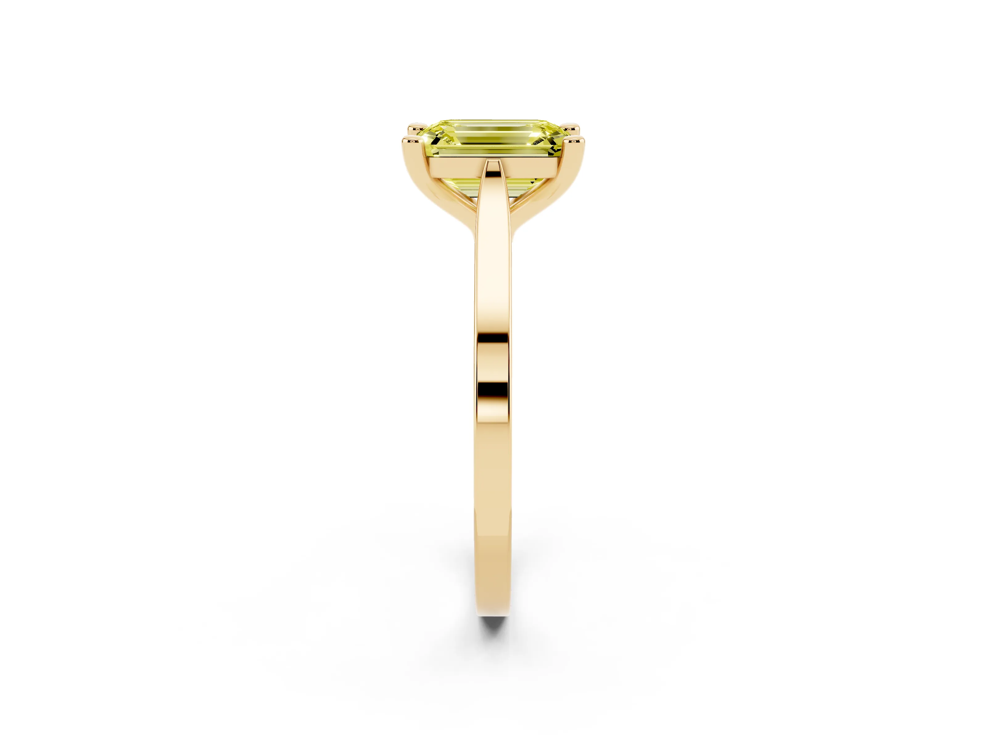 Fancy Yellow Emerald Cut Diamond Solitaire Ring Set in Yellow gold with Prong Setting and Tapered Band