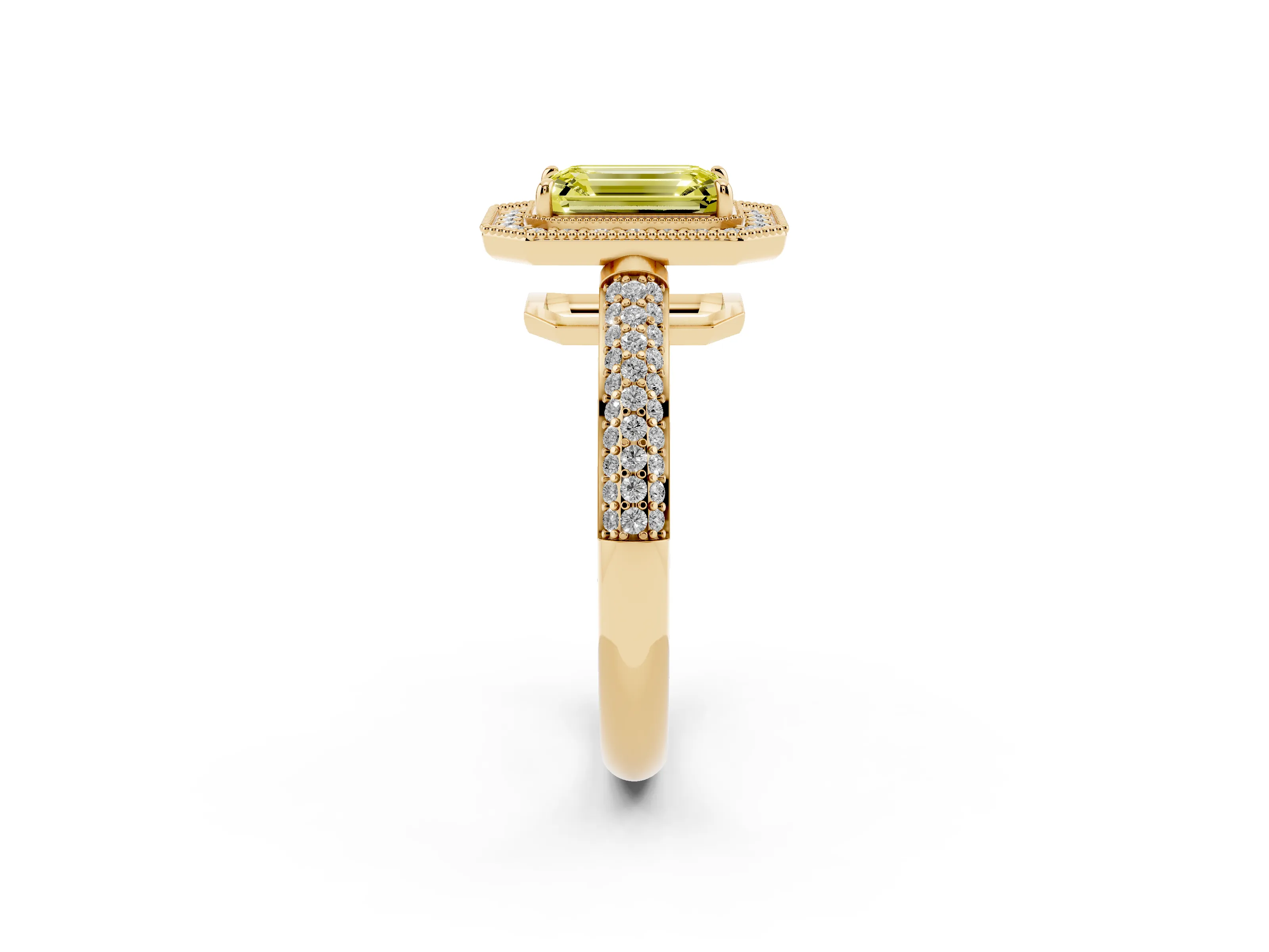 Fancy Yellow Emerald Cut Diamond Halo Pavé Band Set in Yellow gold with Prong Setting