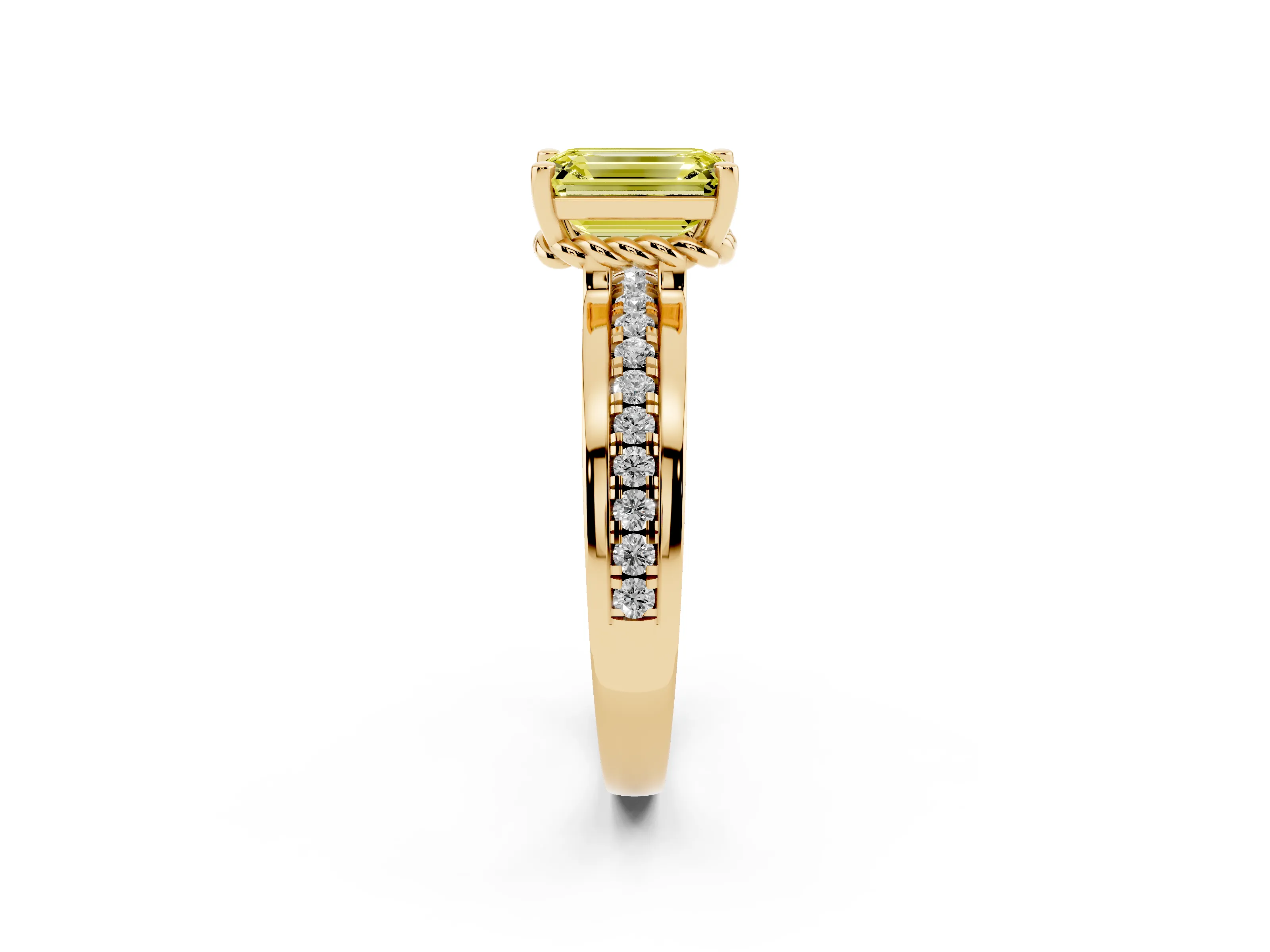 Fancy Yellow Emerald Cut Diamond Solitaire Ring Set in Yellow gold with Channel Set Band and Prong Setting