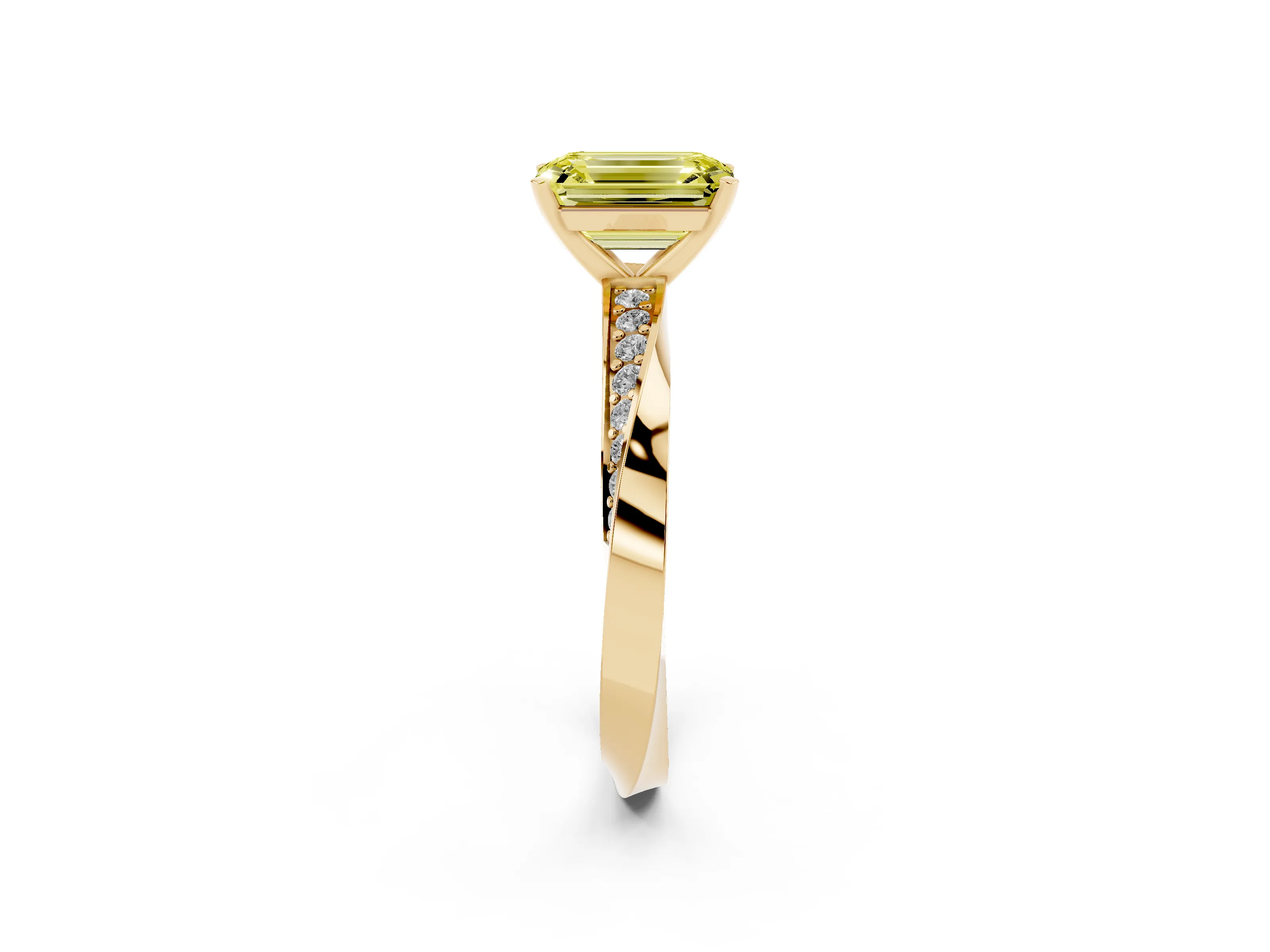 Fancy Yellow Emerald Cut Diamond Engagement Ring Set in Yellow gold with Side Stone Accents and Prong Setting